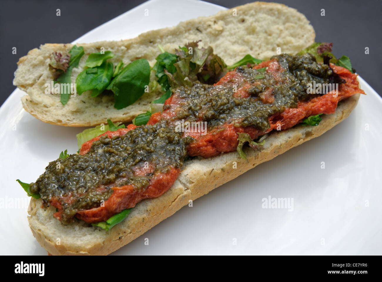 Traditional Dutch sandwich with raw oxen meat (broodje ossenworst Stock