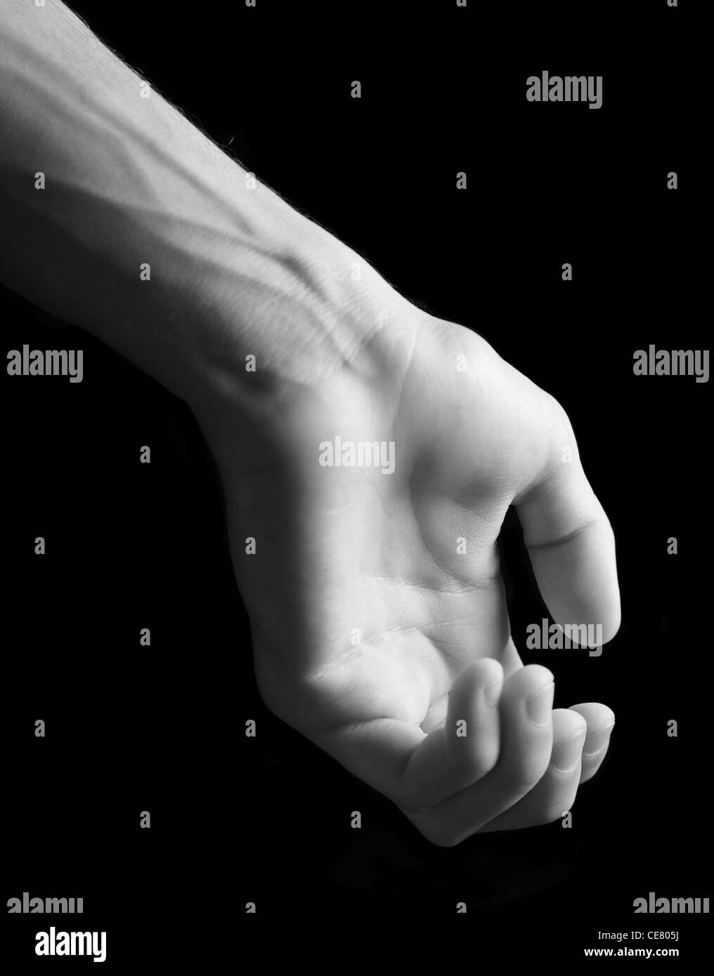 Black and white study of human hand against a black background Stock ...