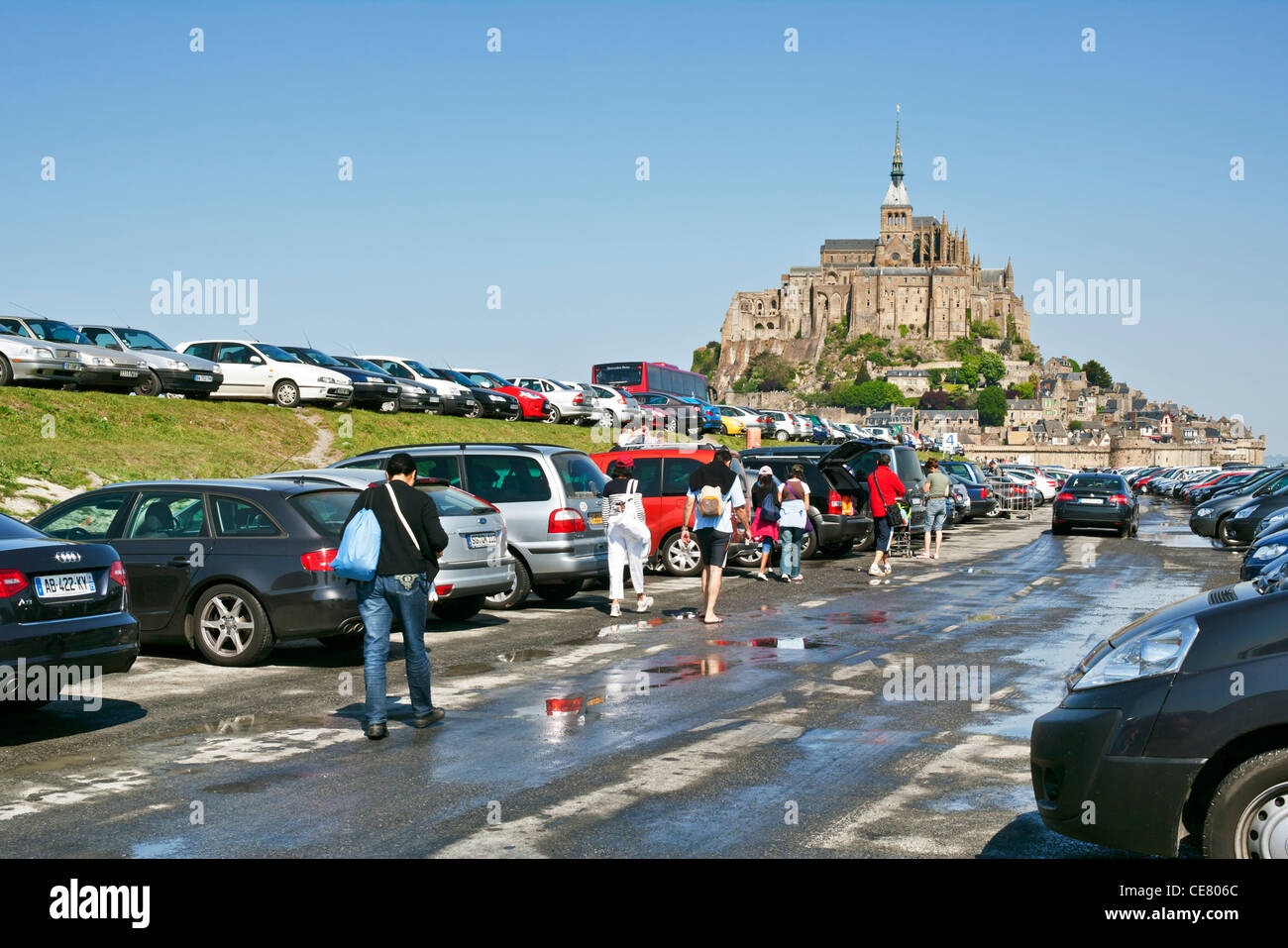 Mont St. Michel, Normandy, France, Europe. Visiter arriving. Stock Photo