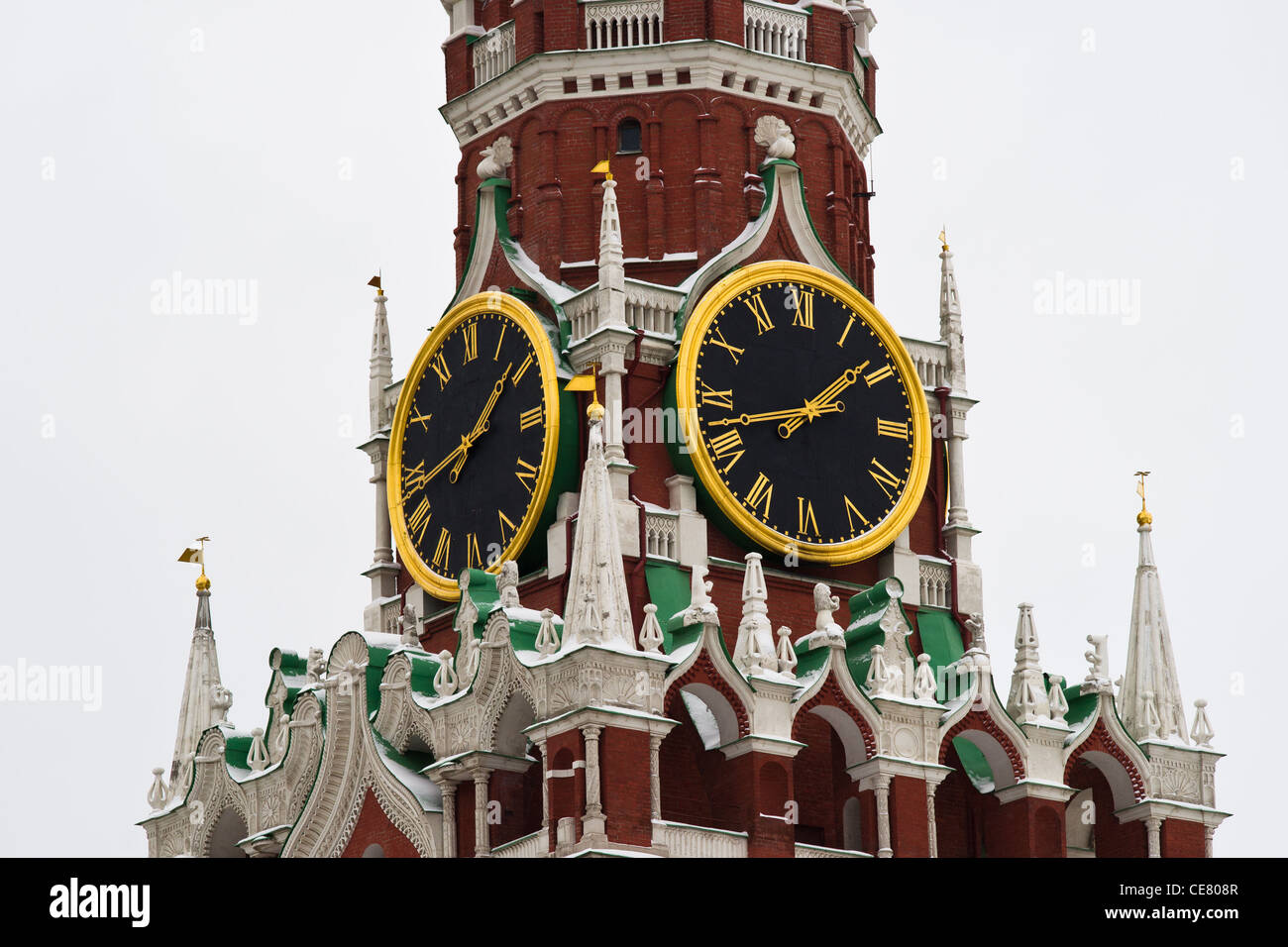 Closeup view of Spasskaya, Spassky, Savior tower of Moscow Kremlin in winter Stock Photo