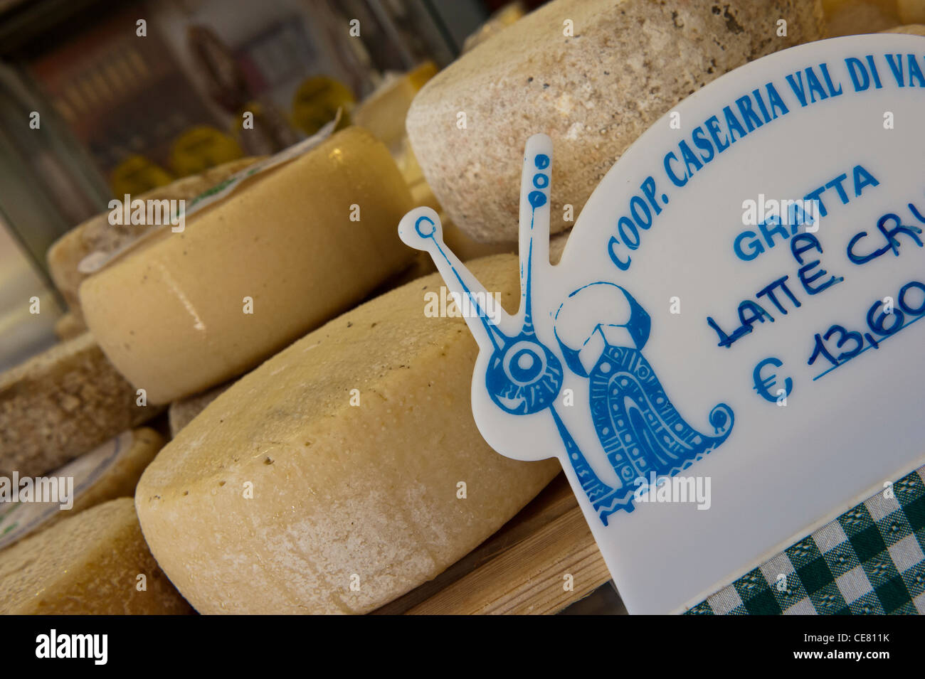 Local hard cheeses on sale at the Cooperativa Casearia. Val di Vara. Verese Ligure. Liguria. Italy Stock Photo