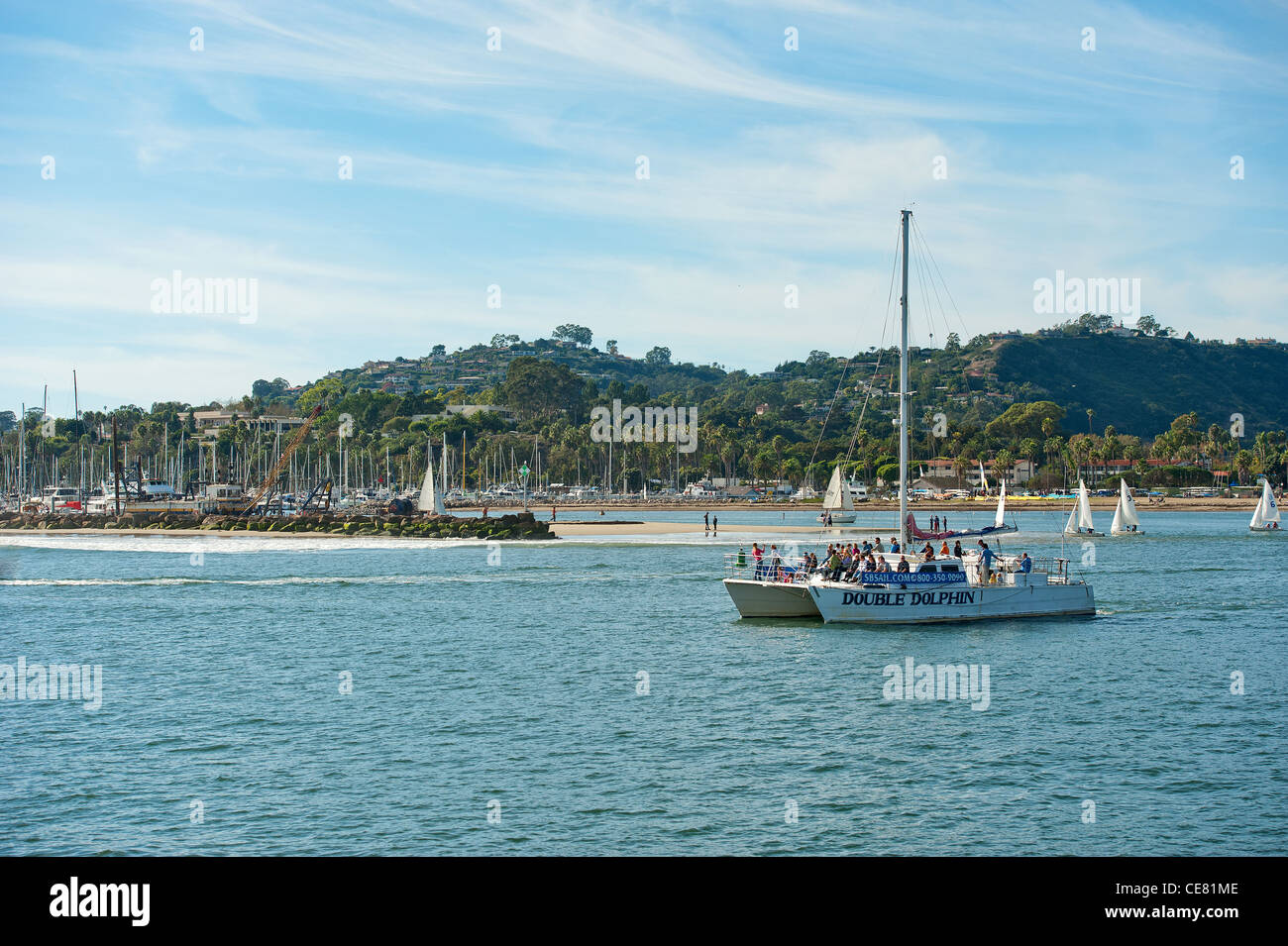 A group of tourists enjoys a cruise aboard the 'Double Dolphin' off Santa Barbara shores, California Stock Photo