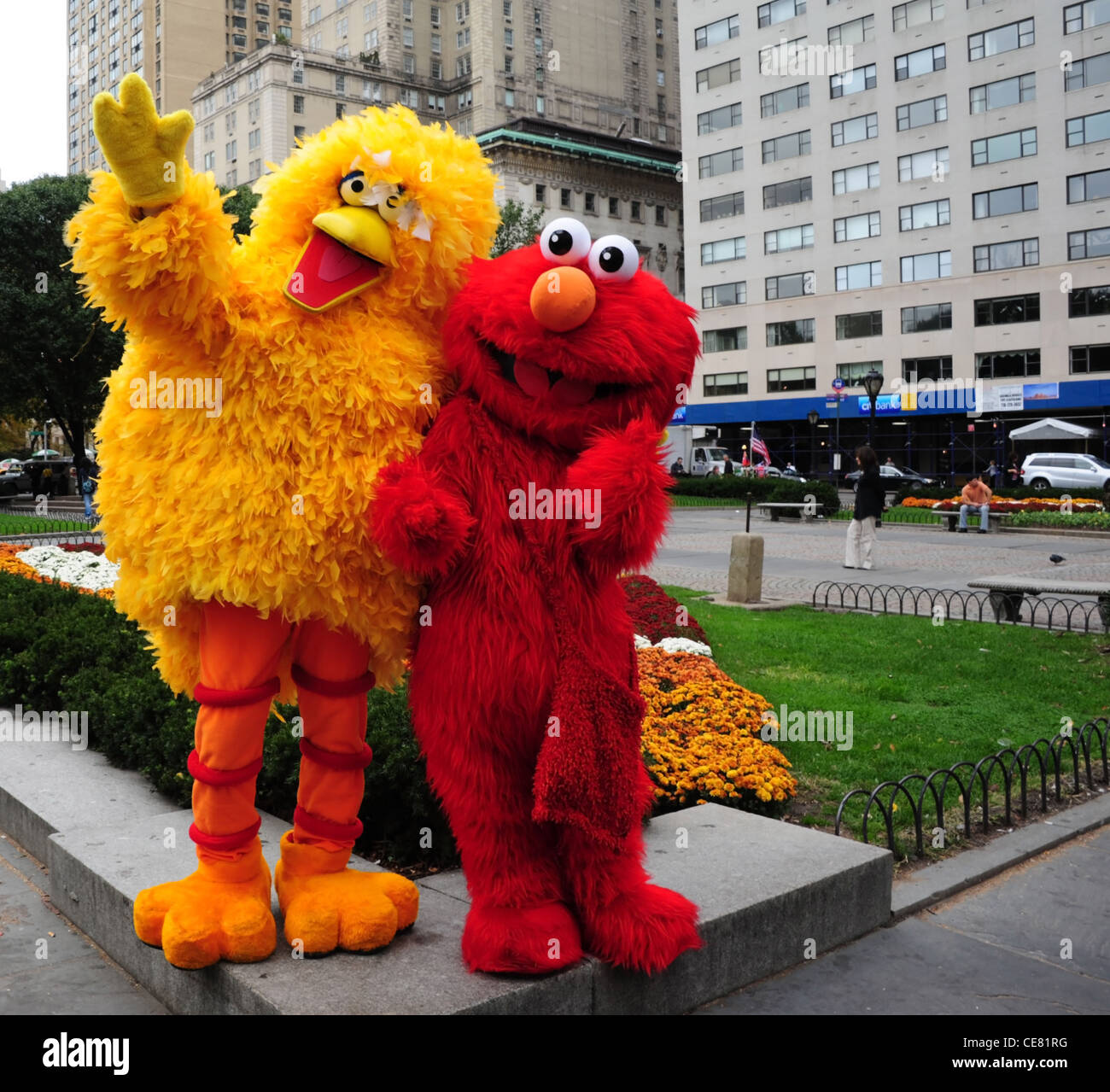 Two Sesame Street cartoon characters entertainers (Big Bird Elmo) posing  waving, corner flower bed, Grand Army Plaza, New York Stock Photo - Alamy