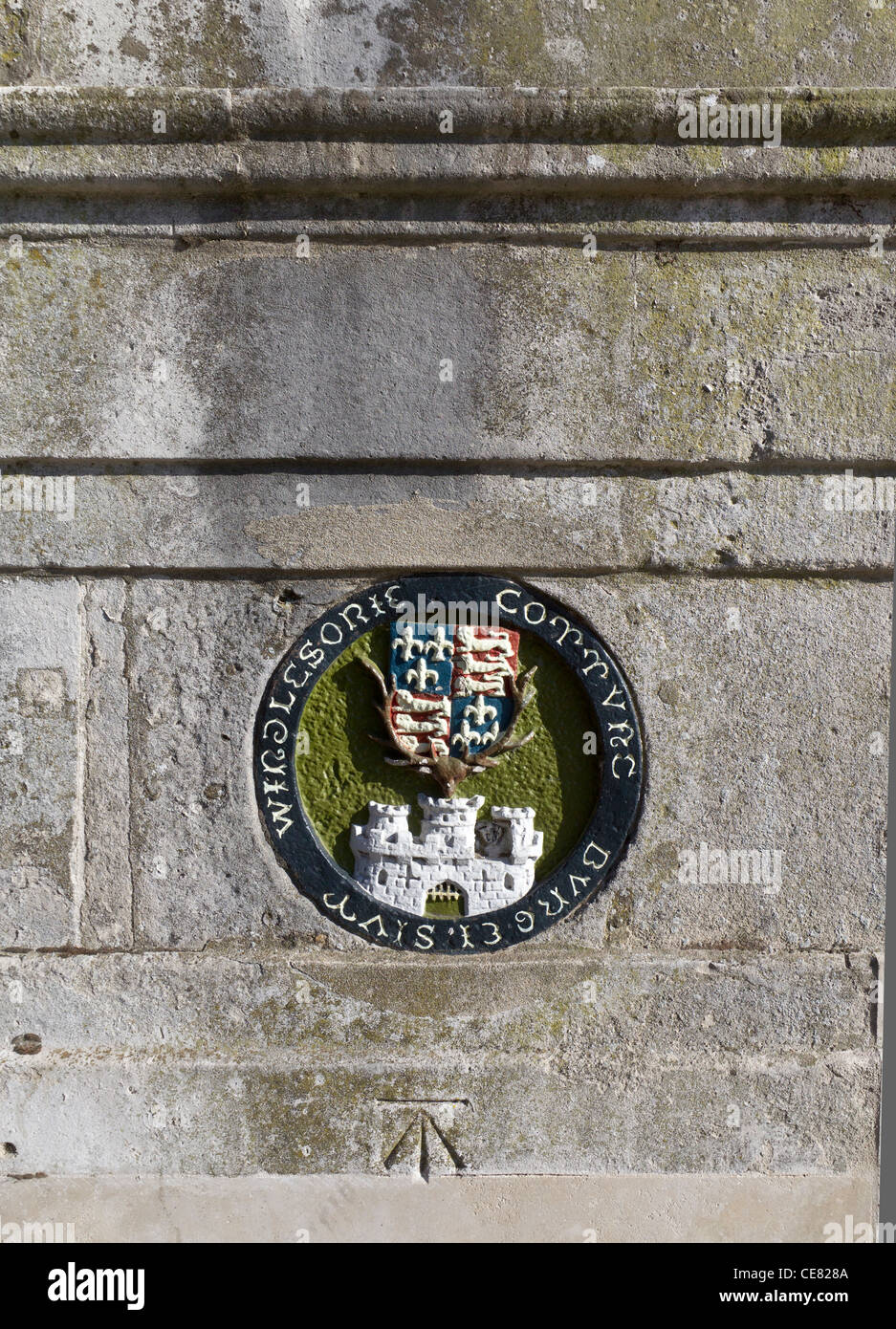 Detail of Windsor Bridge showing a plaque with the Royal Coat of Arms and a depiction of Windsor Castle. Stock Photo