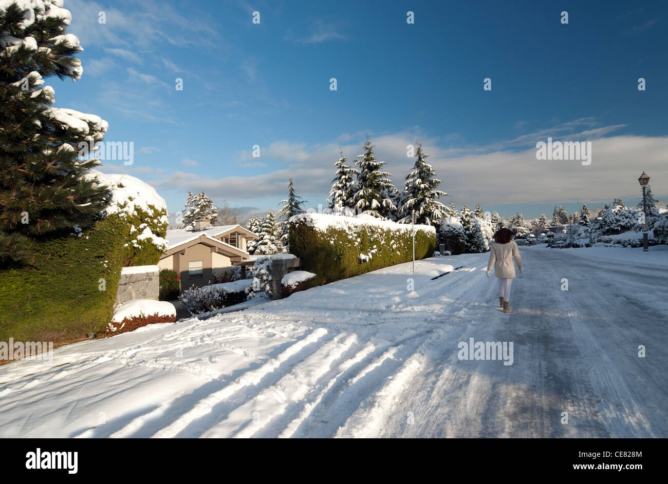 Vancouver neighbourhood homes covered by snow Stock Photo