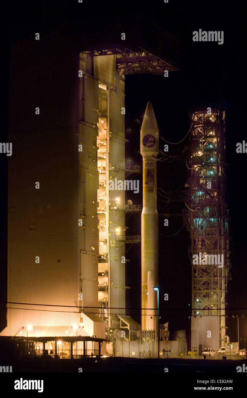 An Atlas V stands on Space Launch Complex-3 during its mobile servicing tower rollback on March 12. The Atlas launched at 3:01 a.m. PDT March 13 at Vandenberg Air Force Base, Calif. It carried a National Reconnaissance Office payload and was the first Atlas V to launch from the West Coast Stock Photo