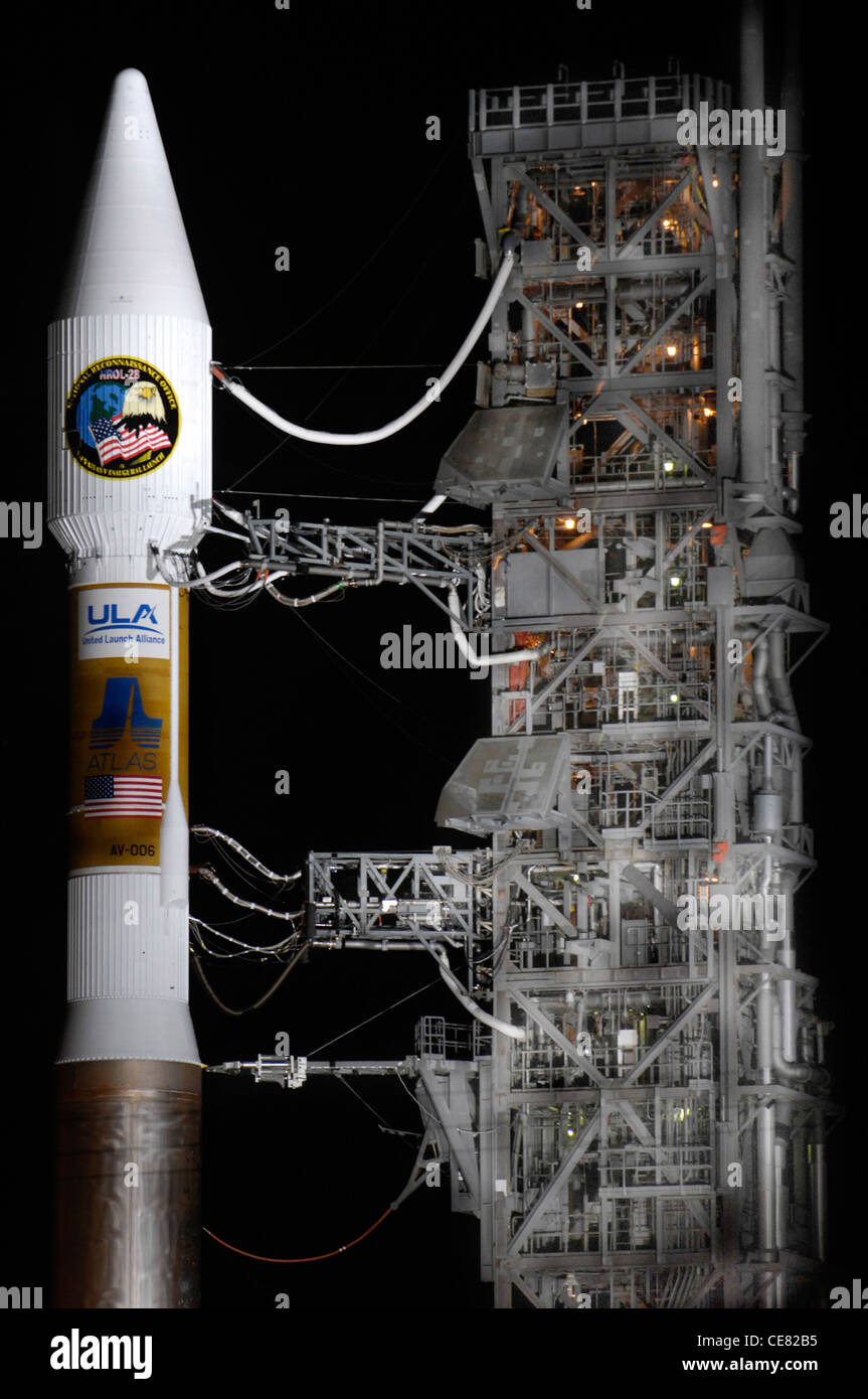 An Atlas V stands on Space Launch Complex-3 during its mobile servicing tower rollback on March 12. The Atlas launched at 3:01 a.m. PDT March 13 at Vandenberg Air Force Base, Calif. It carried a National Reconnaissance Office payload and was the first Atlas V to launch from the West Coast. Stock Photo