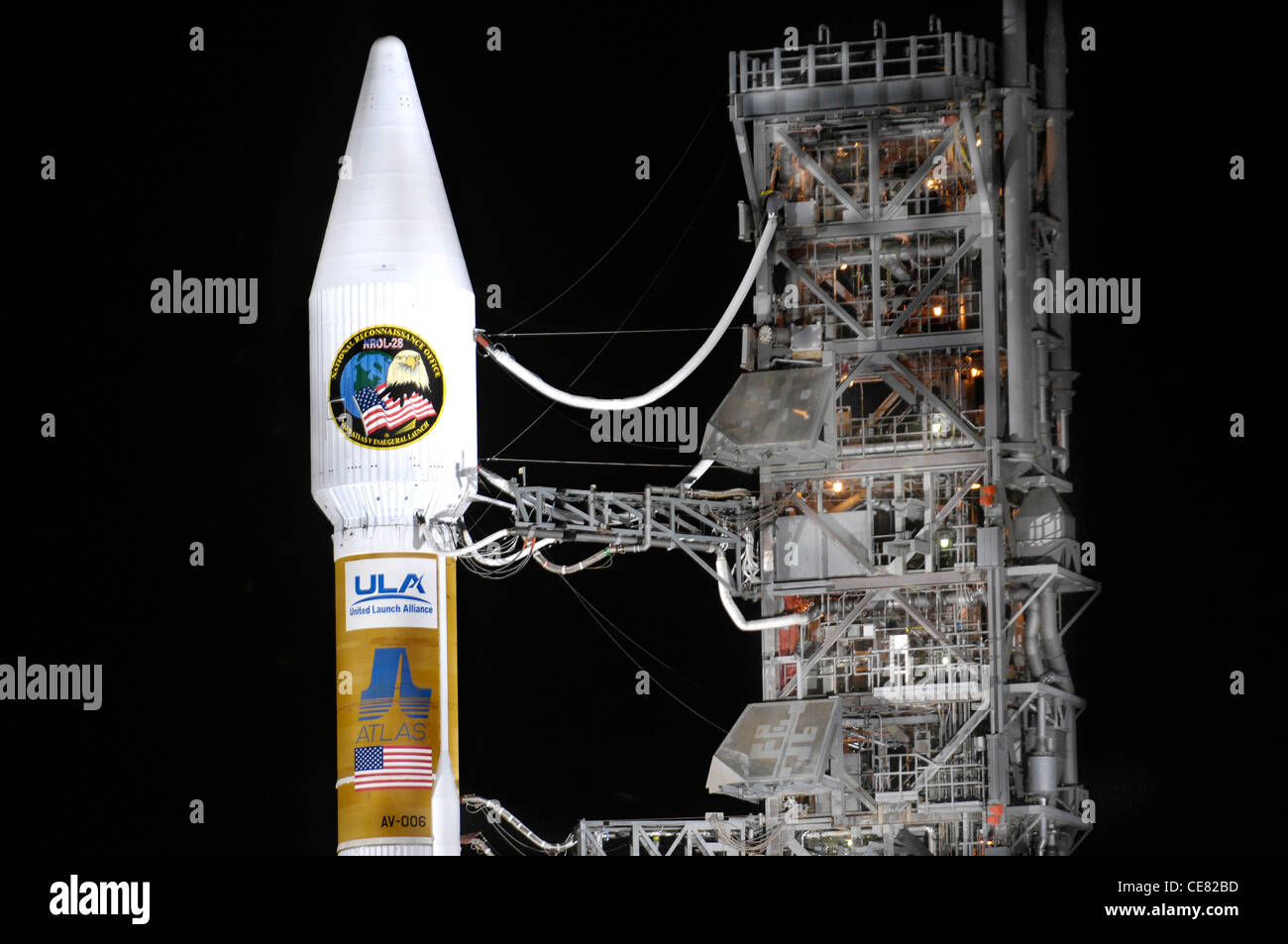 An Atlas V stands on Space Launch Complex-3 during its mobile servicing tower rollback on March 12. The Atlas launched at 3:01 a.m. PDT March 13 at Vandenberg Air Force Base, Calif. It carried a National Reconnaissance Office payload and was the first Atlas V to launch from the West Coast Stock Photo