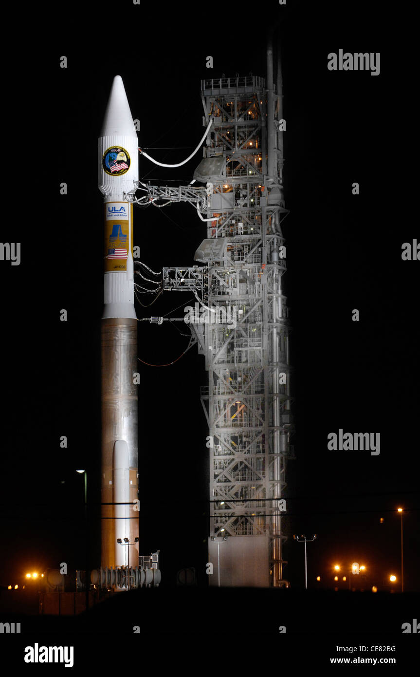 An Atlas V stands on Space Launch Complex-3 during its mobile servicing tower rollback on March 12. The Atlas launched at 3:01 a.m. PDT March 13 at Vandenberg Air Force Base, Calif. It carried a National Reconnaissance Office payload and was the first Atlas V to launch from the West Coast. Stock Photo