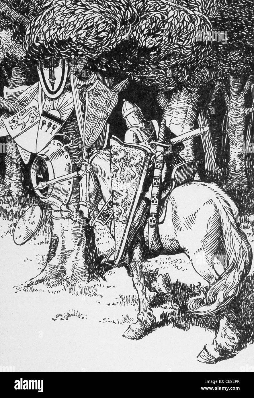 Lancelot hits the bottom of an iron basin at the foot of a tree on which hung the shields of many brother knights. Stock Photo