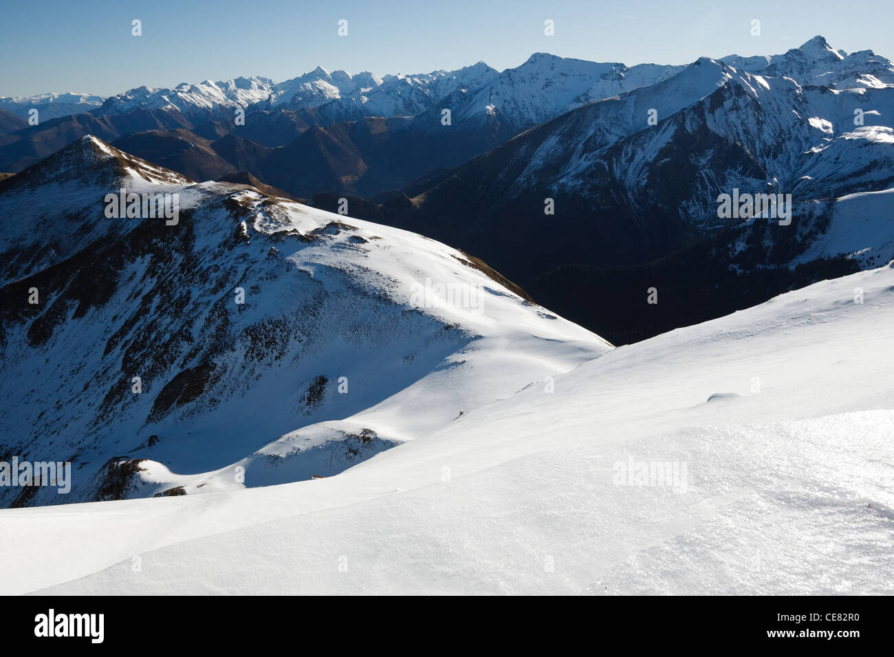 View from Pic de la Calabasse (2210 metres), near Saint-Lary, Pays Couserans, Ariege, Pyrenees, France. Stock Photo