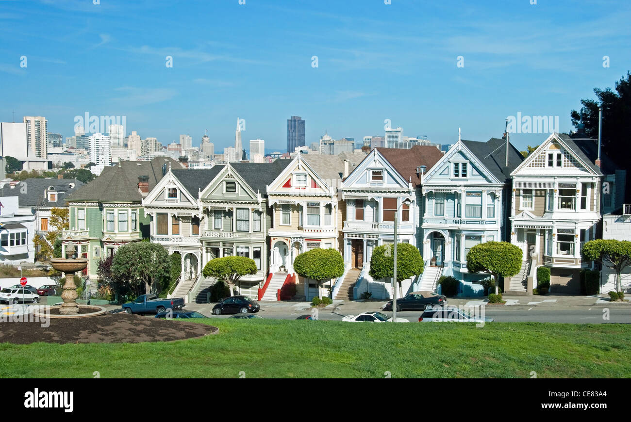 Victorian houses painted ladies in San Francisco near Alamo Square Stock Photo