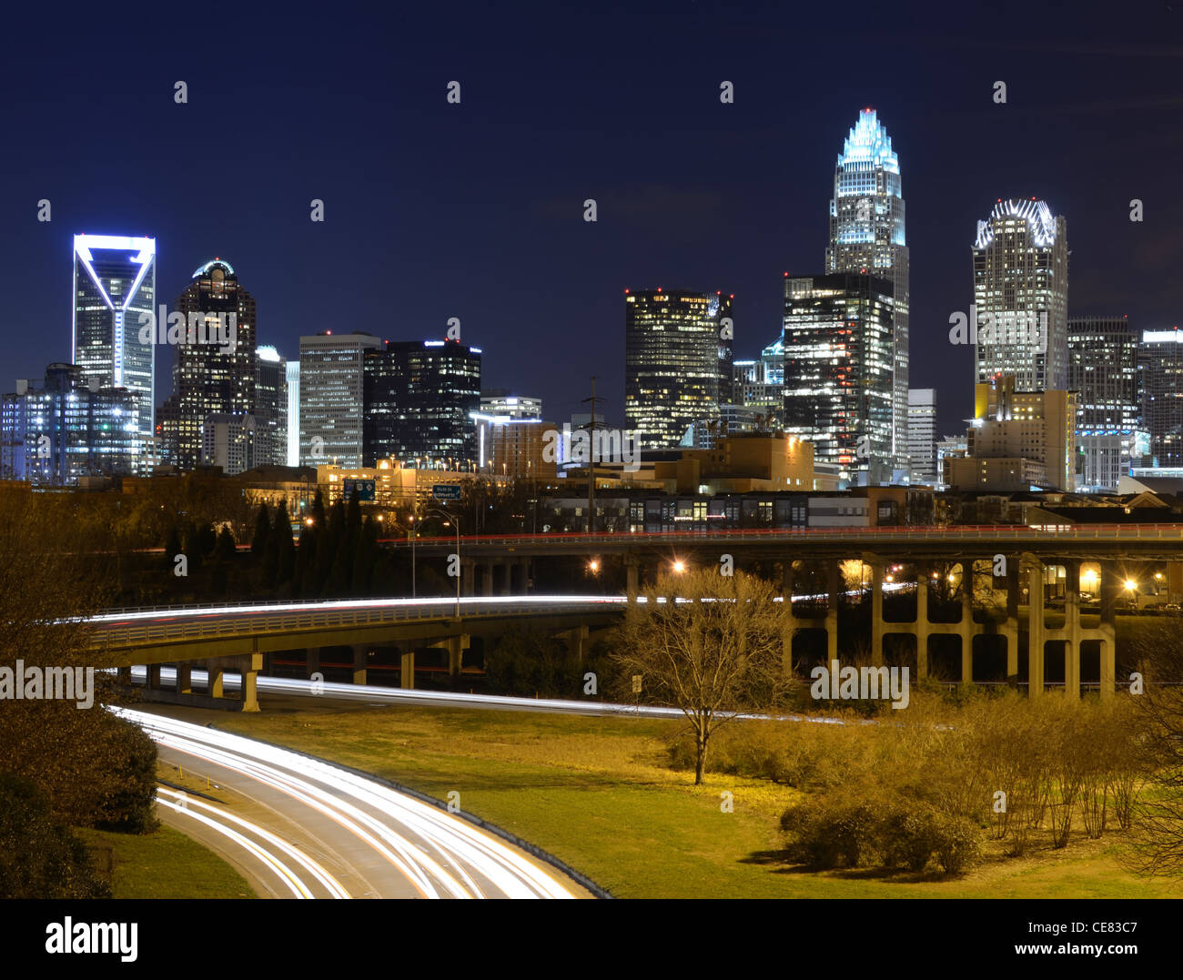 Skyline of uptown Charlotte, North Carolina at night. Stock Photo