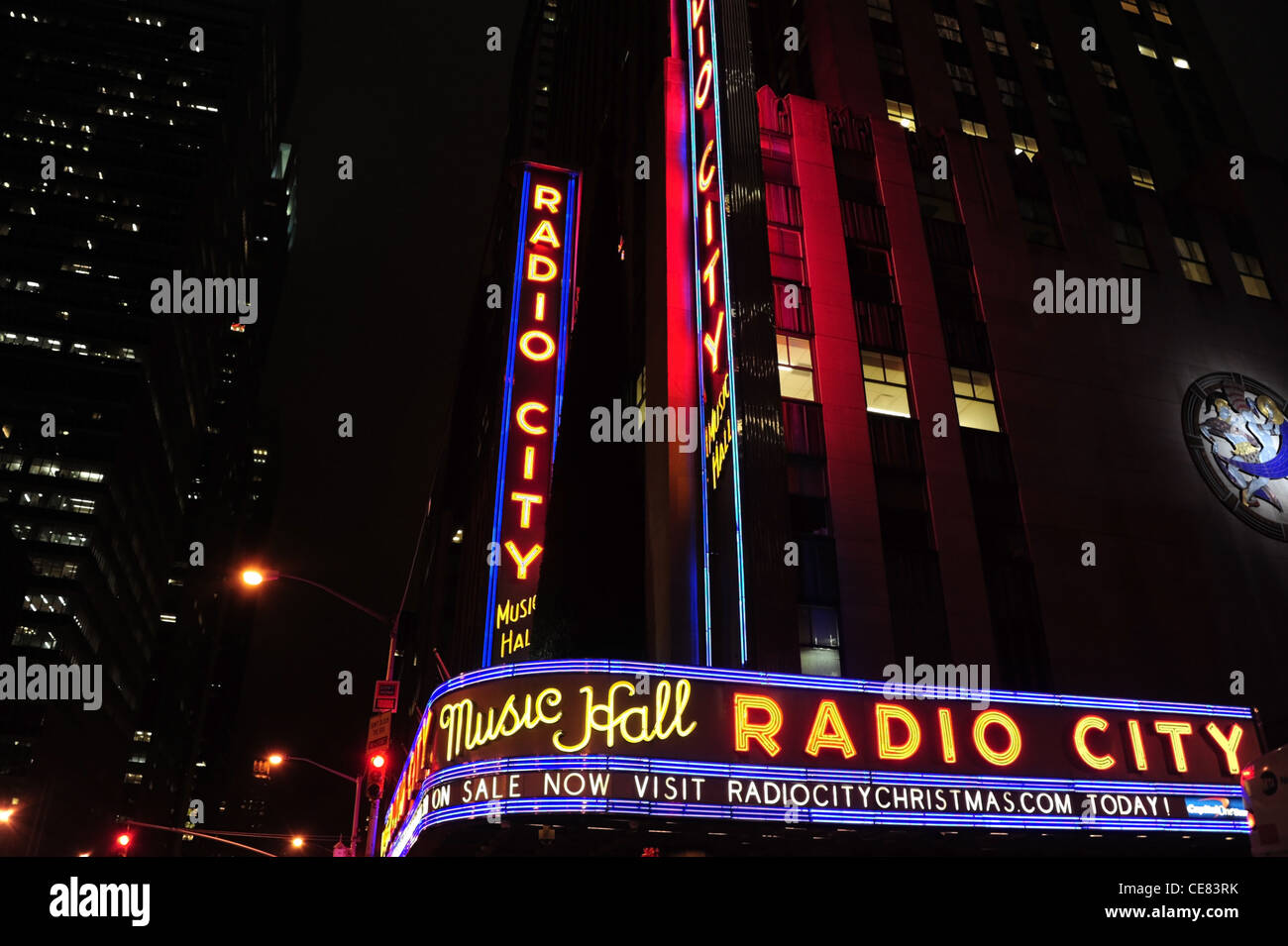 Night neon view Radio City Music Hall, corner West 50th Street 6th