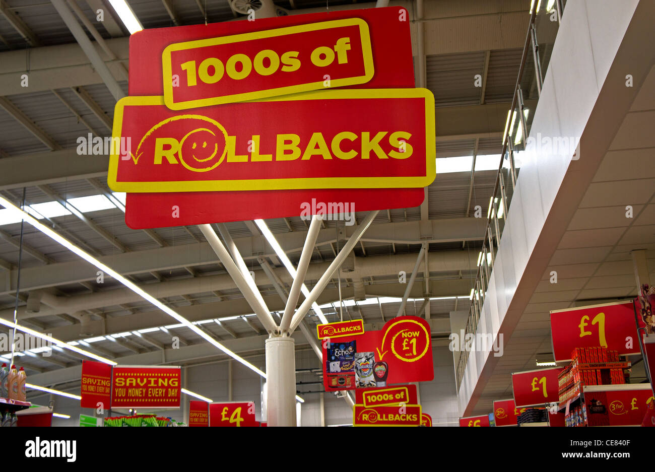 ' Rollbacks ' advertising in an Asda store, UK Stock Photo