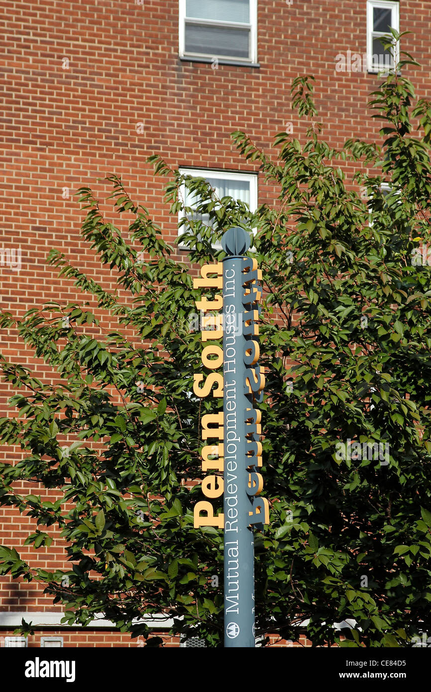 Sign for Penn South, a housing complex built in 1962 and sponsored by the International Ladies' Garment Workers' Uniion Stock Photo