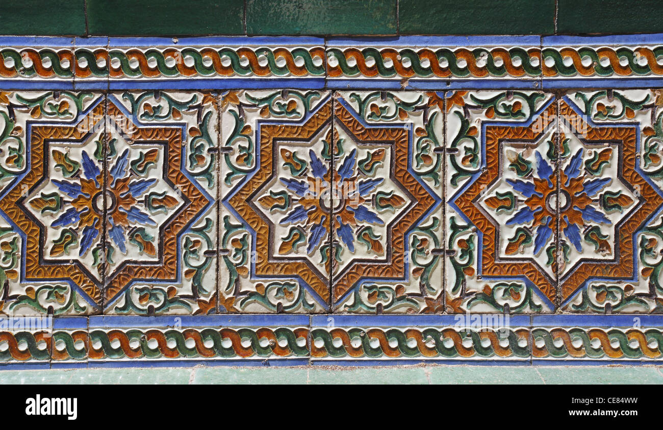 details of the Moorish tiles, The Alcázar of Seville, Seville, Spain Stock Photo