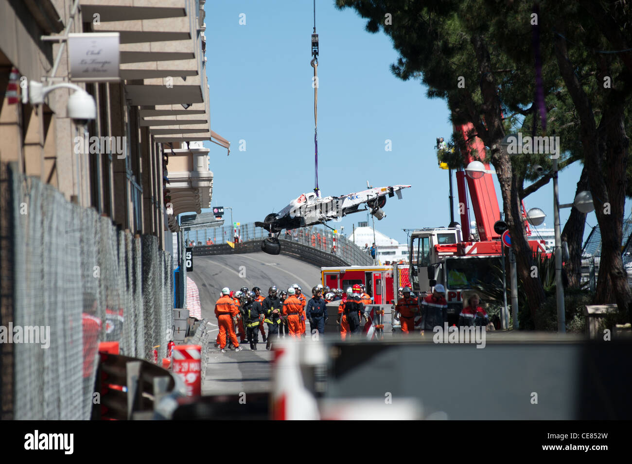 Sergio Perez crash after tunnel at the 2011 Monaco GP Stock Photo