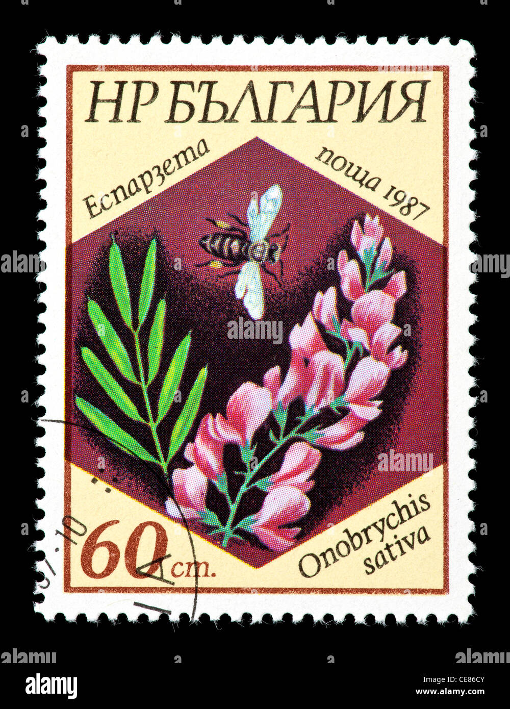 Postage stamp from Bulgaria depicting a bee and a flower (Onobrychis sativa). Stock Photo