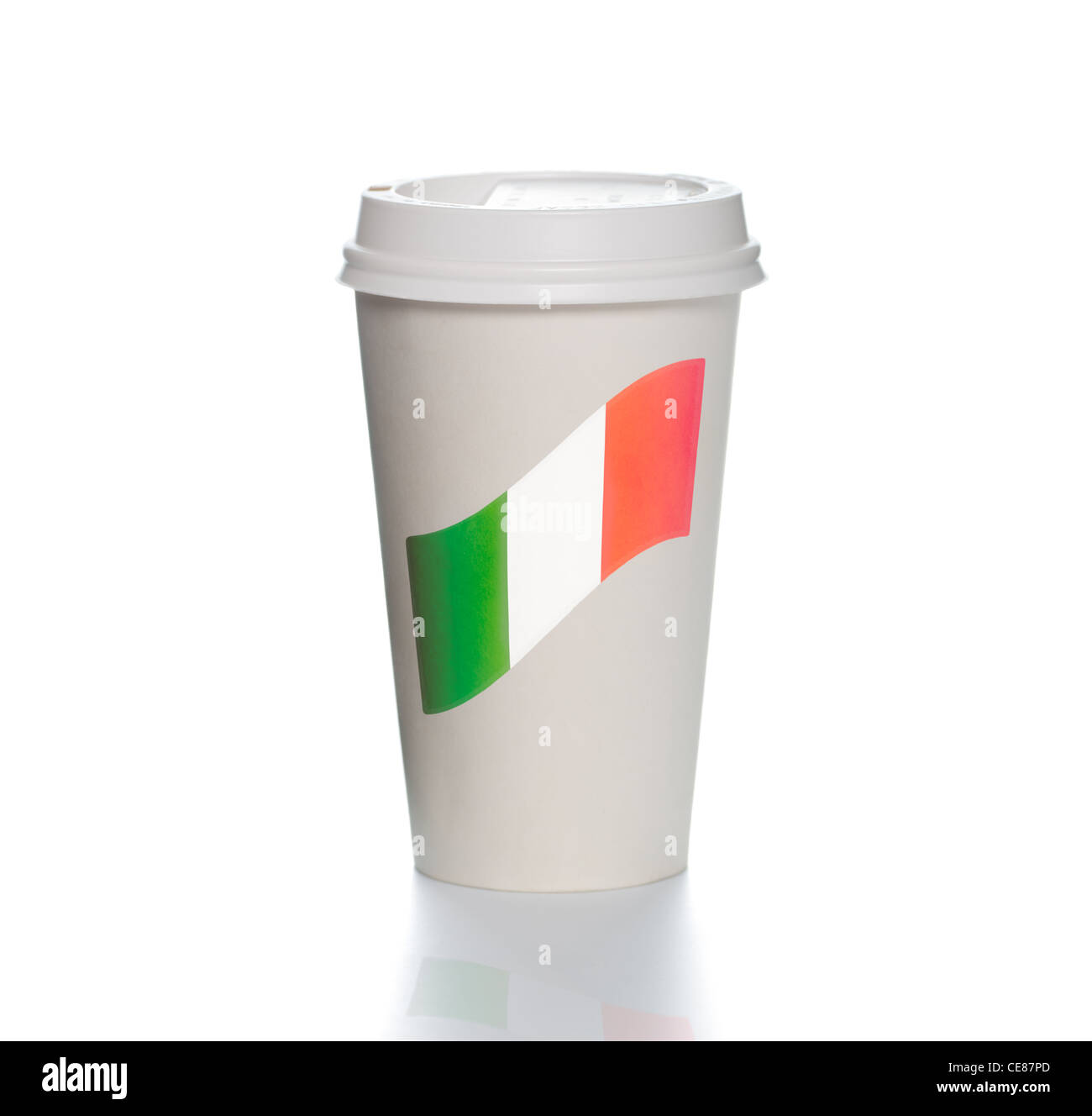 White paper coffee cup with plastic cap on top and reflection underneath. Flag of Italy on cup. Square format. Stock Photo
