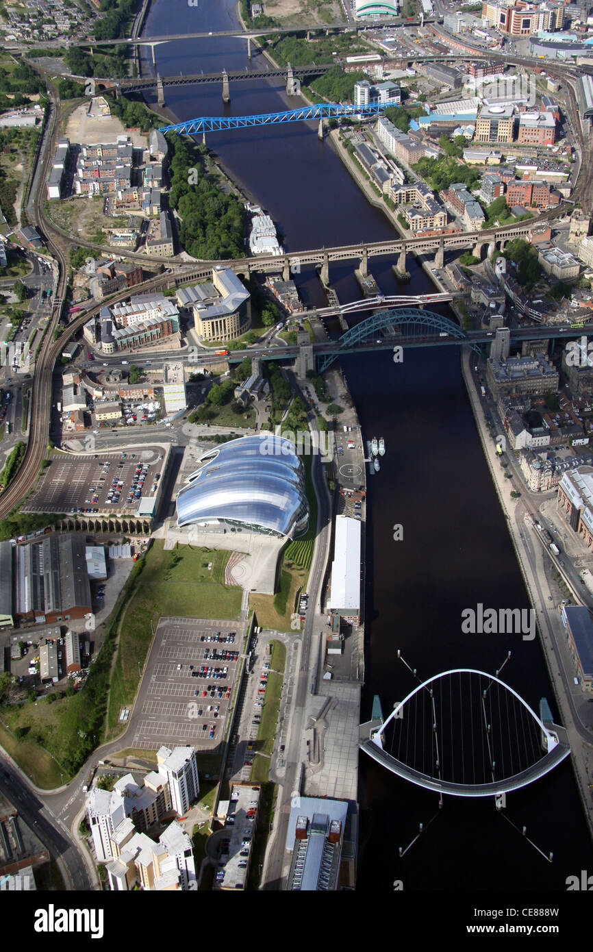 Aerial view of the River Tyne at Newcastle-upon-Tyne showing The Gateshead Millennium Bridge & Tyne Bridge prominently and also The Sage Concert Hall Stock Photo