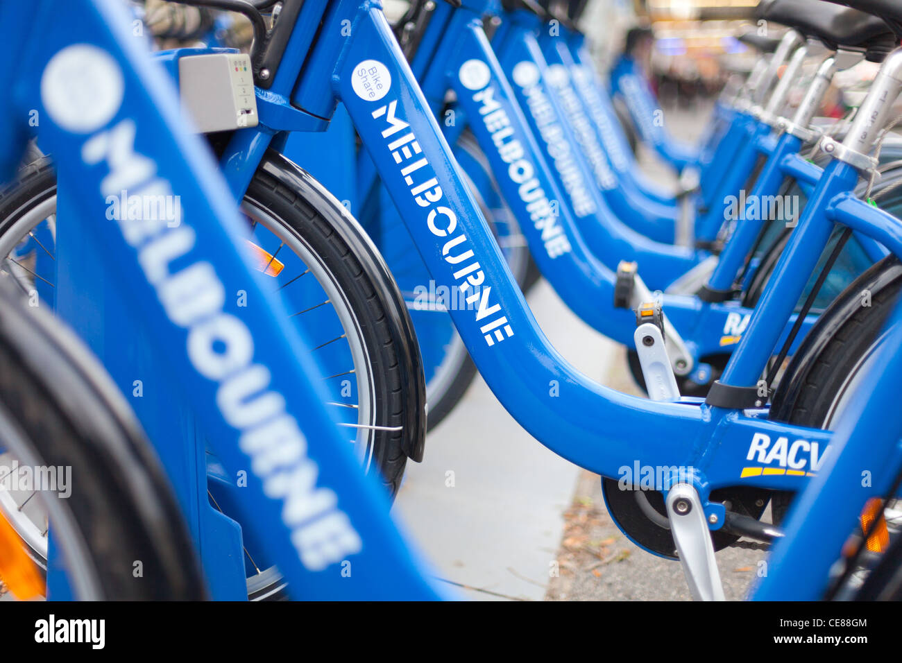 Blue hire bikes in Melbourne Australia Stock Photo Alamy