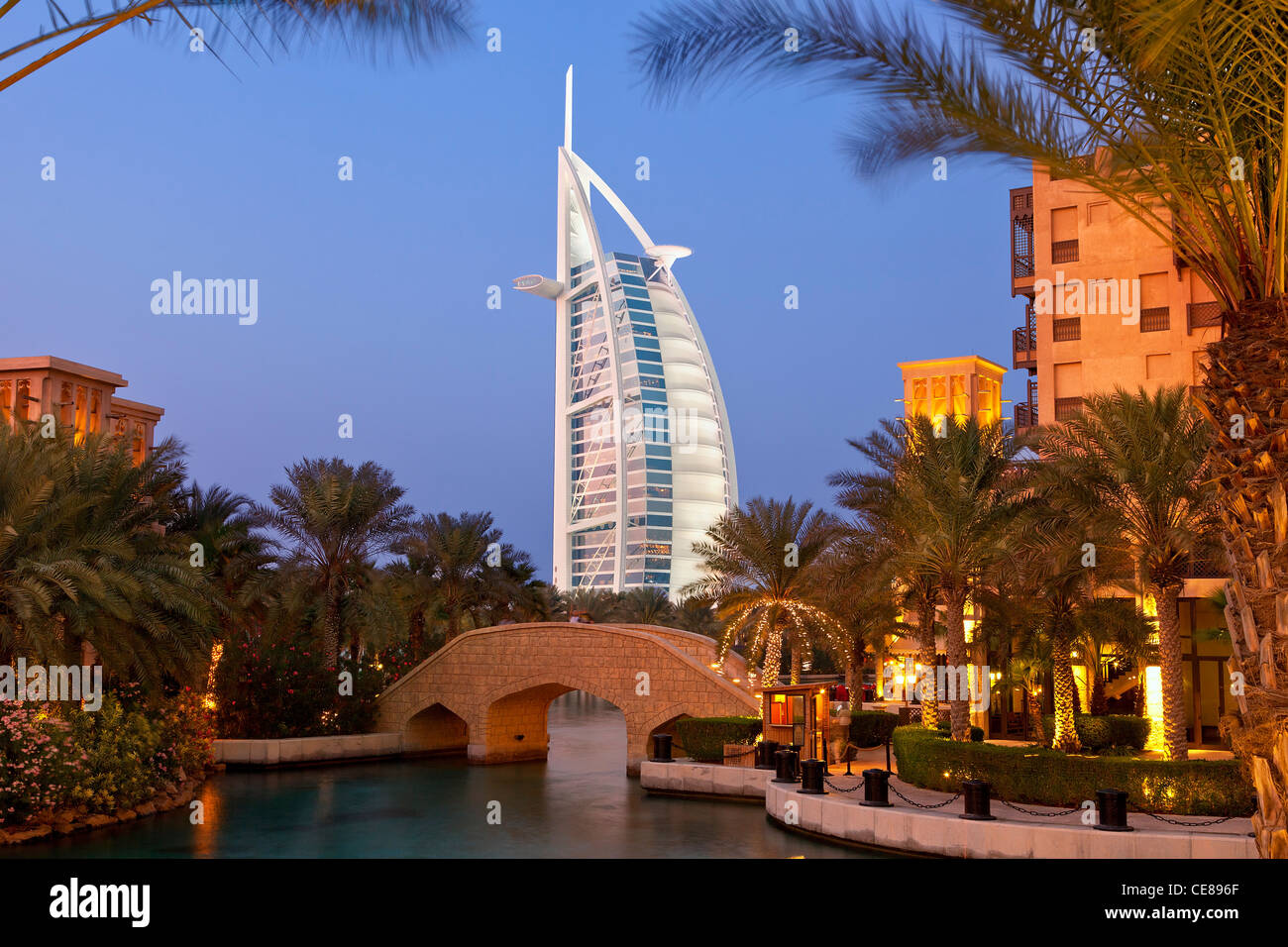 Asia, Arabia, Dubai Emirate, Dubai, Madinat Jumeirah and the Burj al Arab Hotel Stock Photo