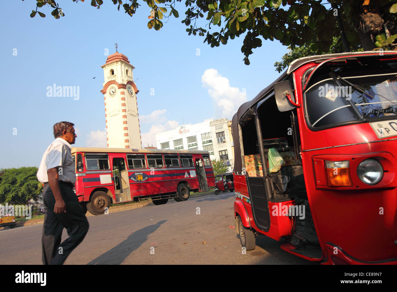 Sri Lanka, Colombo, Pettah area, traffic, drive, tuk, car, Main street, Khan clock tower Stock Photo
