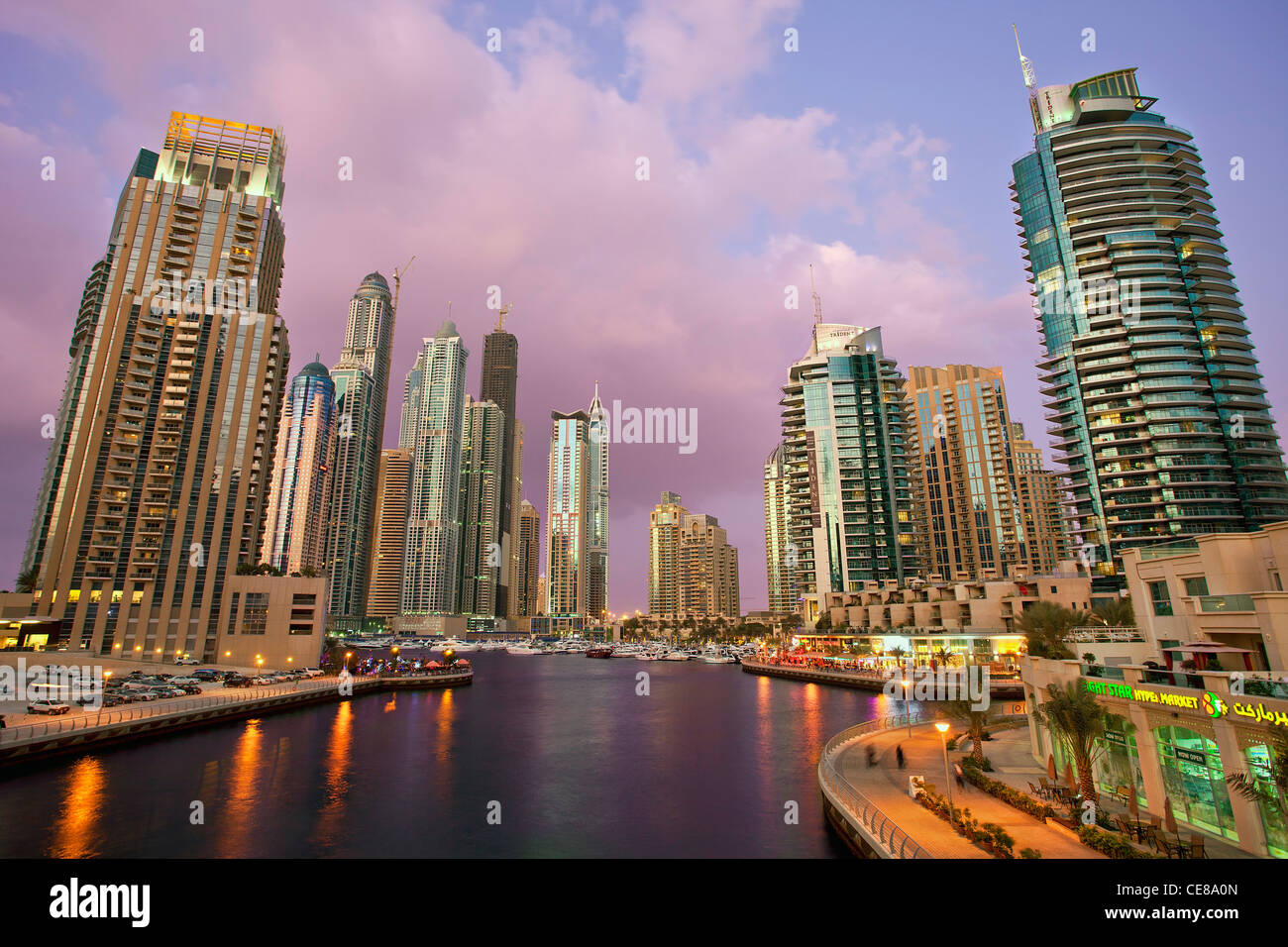 Asia, Arabia, Dubai Emirate, Dubai, Harbor and Skyscrapers of Dubai Marina Stock Photo