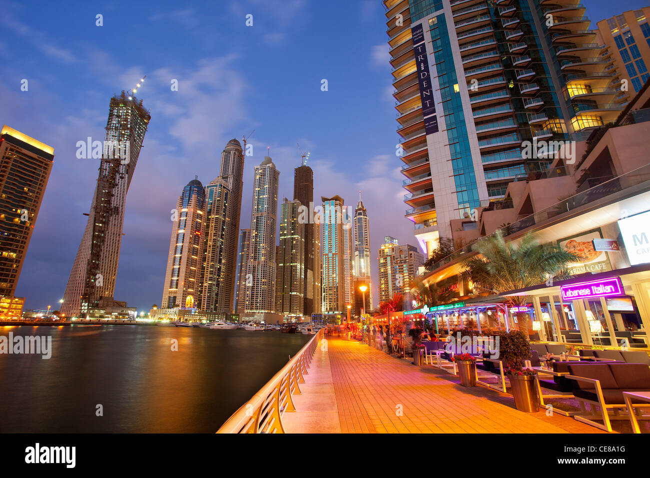 Asia, Arabia, Dubai Emirate, Dubai, Harbor and Skyscrapers of Dubai Marina Stock Photo