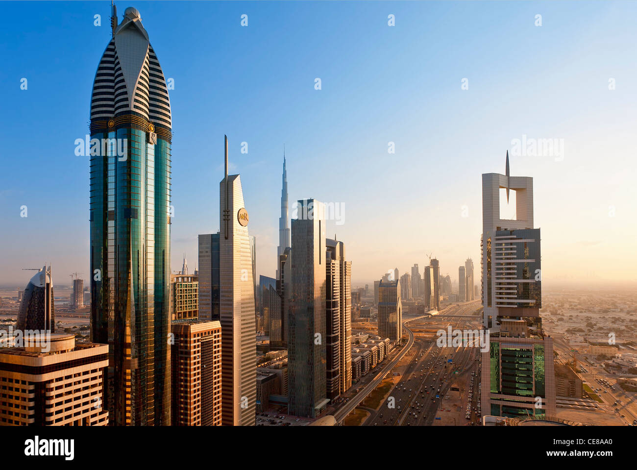 Dubai, Towering office and apartment towers along Sheikh Zayed Road Stock Photo
