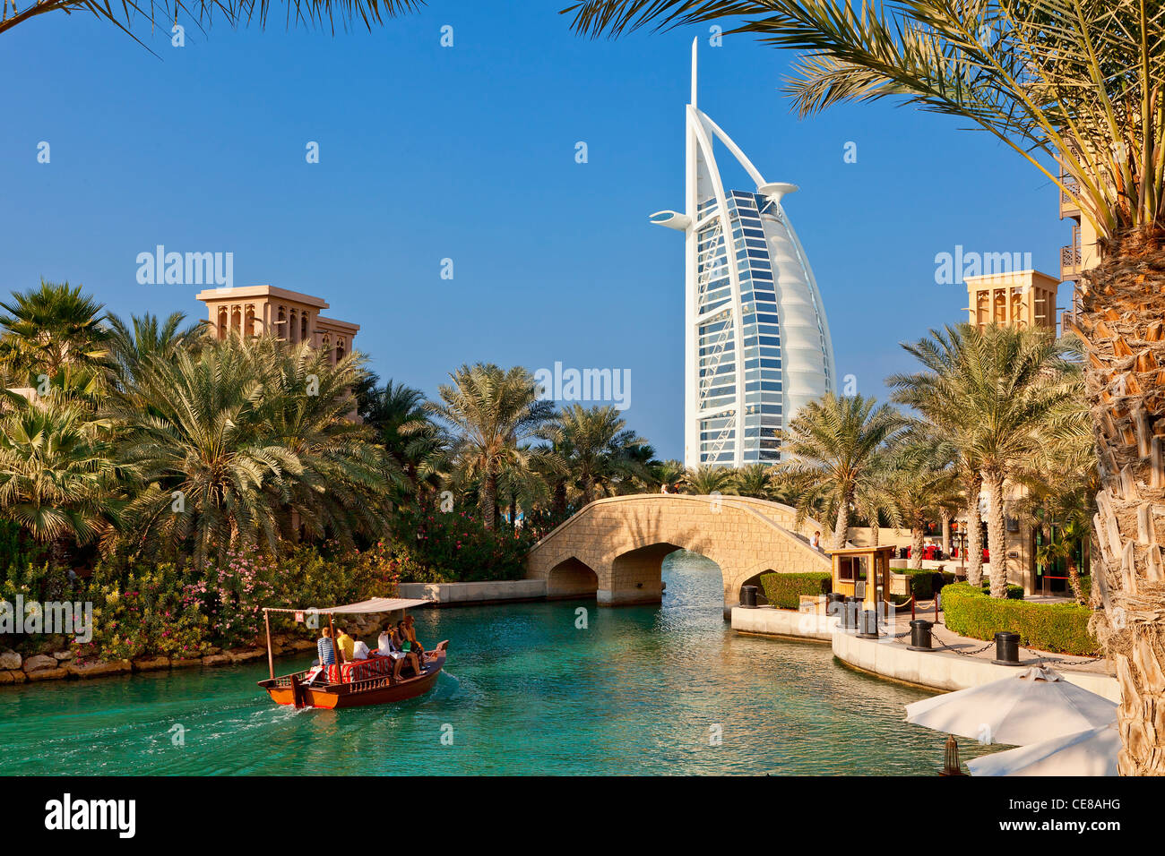 Asia, Arabia, Dubai Emirate, Dubai, Madinat Jumeirah and the Burj al Arab Hotel Stock Photo