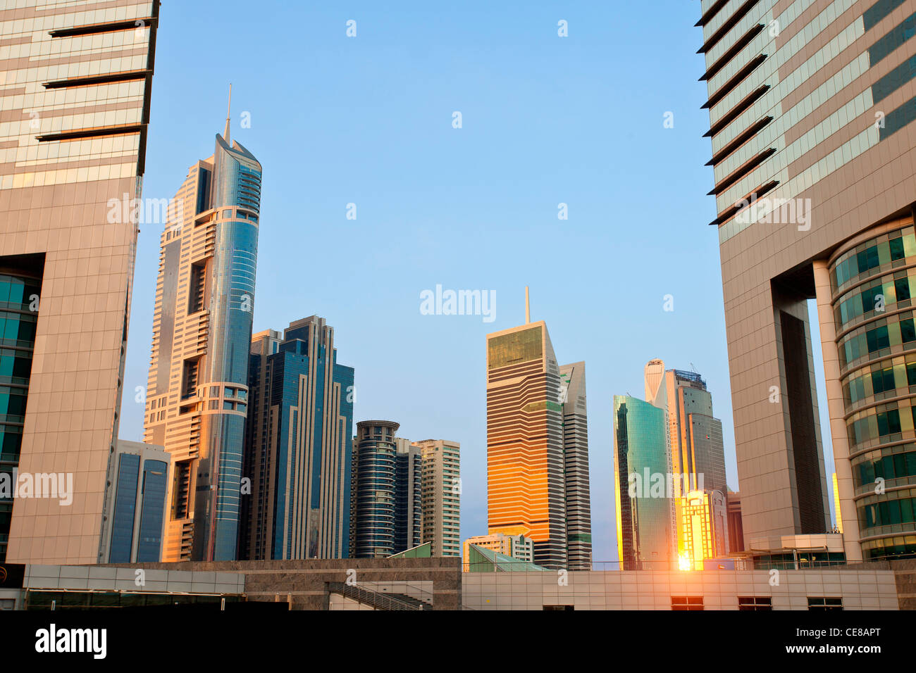 Dubai, Skyscrapers at Sunset Stock Photo