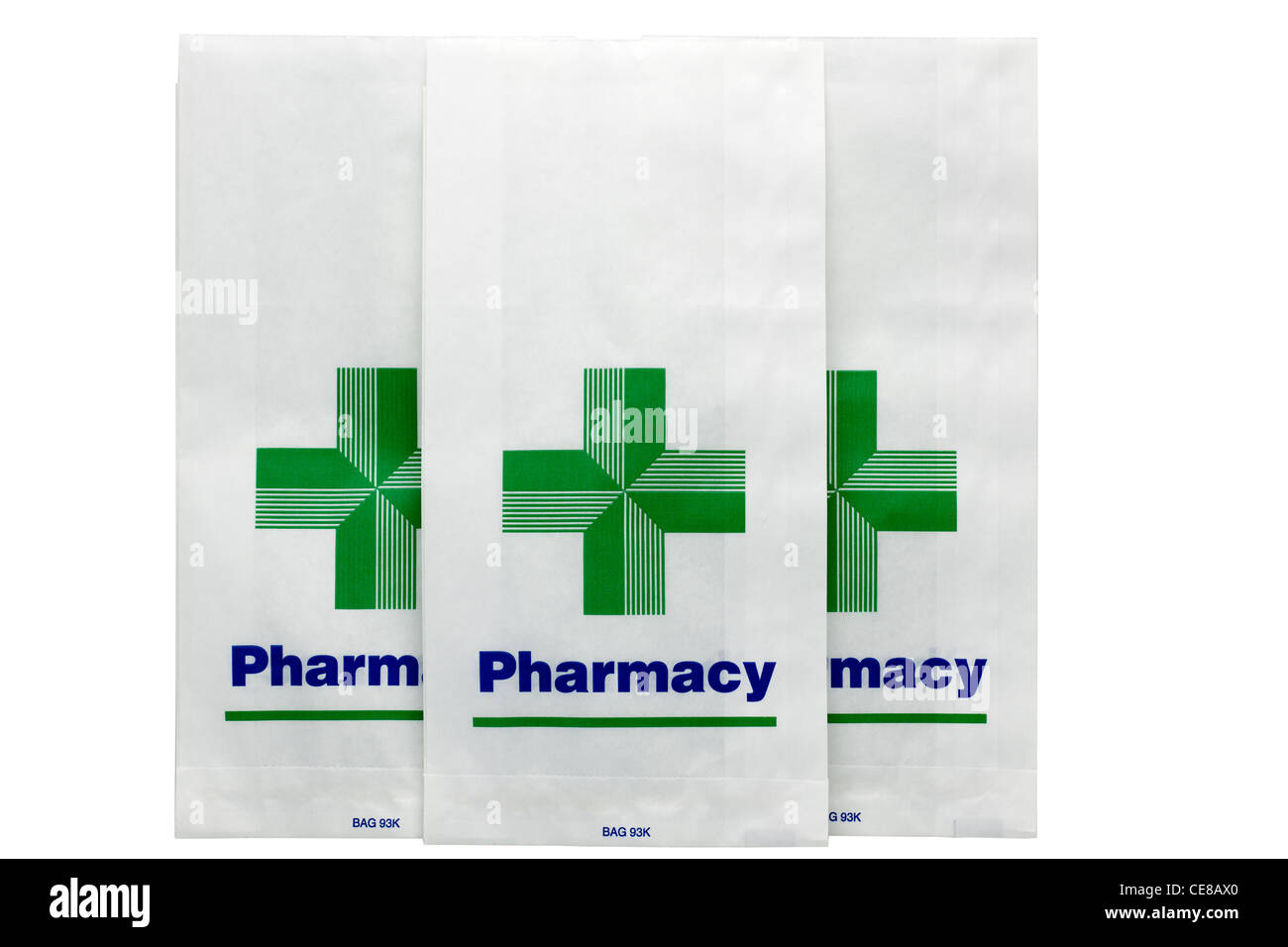 Three empty paper pharmacy bags Stock Photo