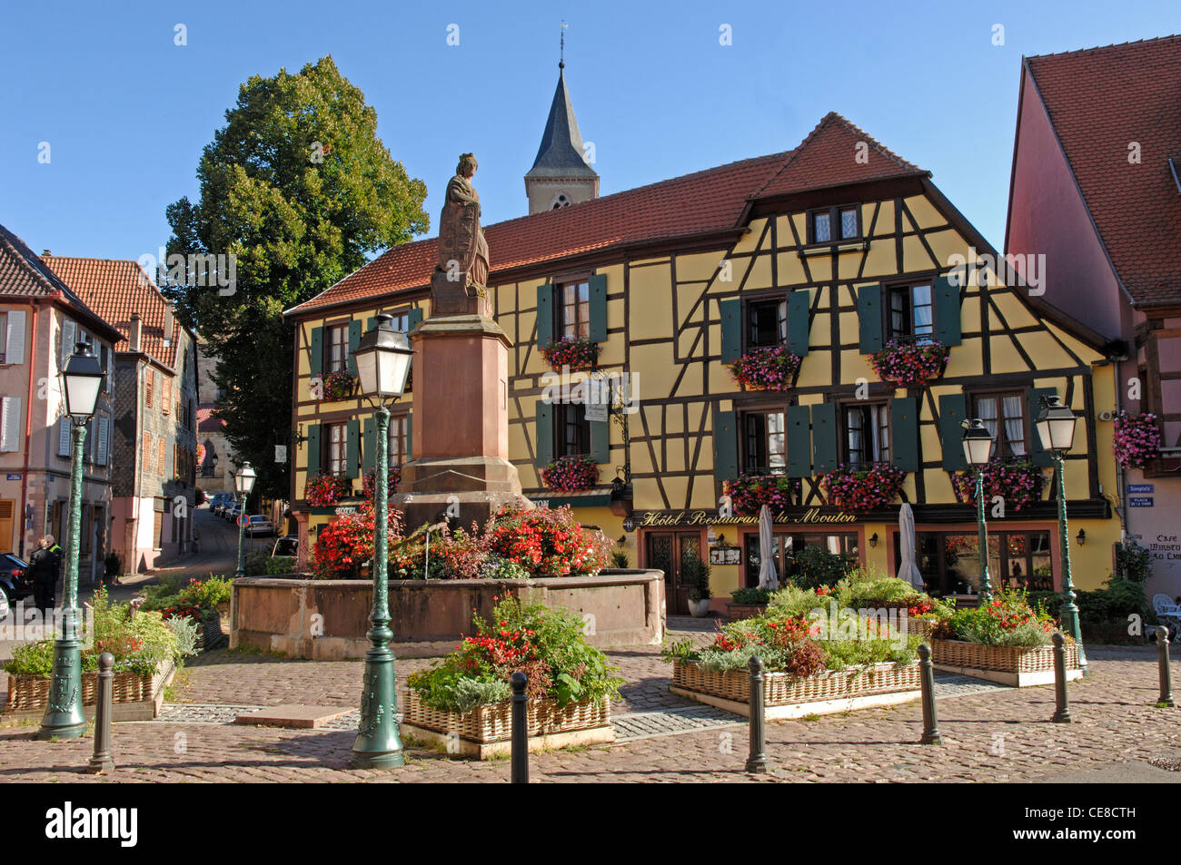 Place de la Sinne in Ribeauville in the Haut Rhin (68) departement of France Stock Photo
