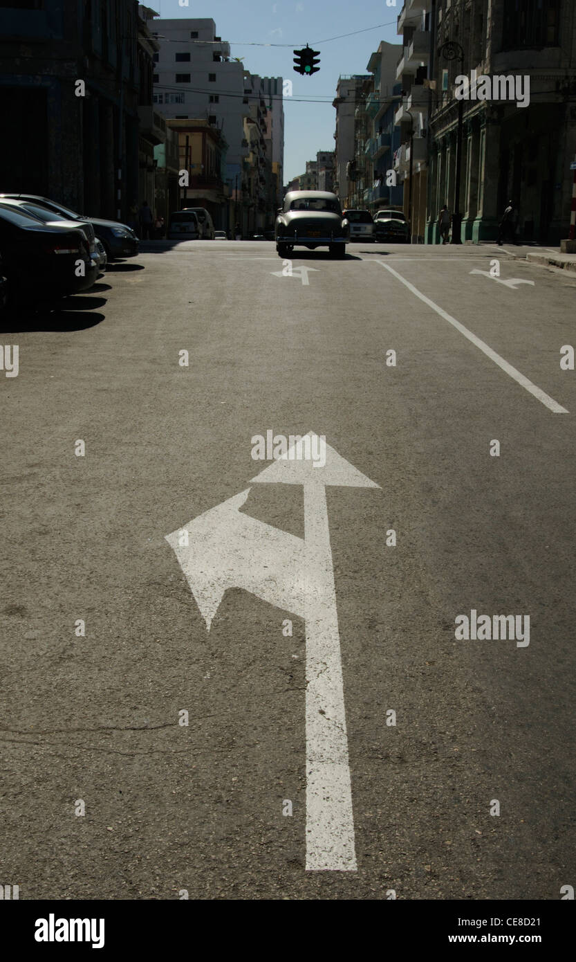 arrow,sign of going forward,classic car and traffic light at green on a street of Havana, Cuba Stock Photo