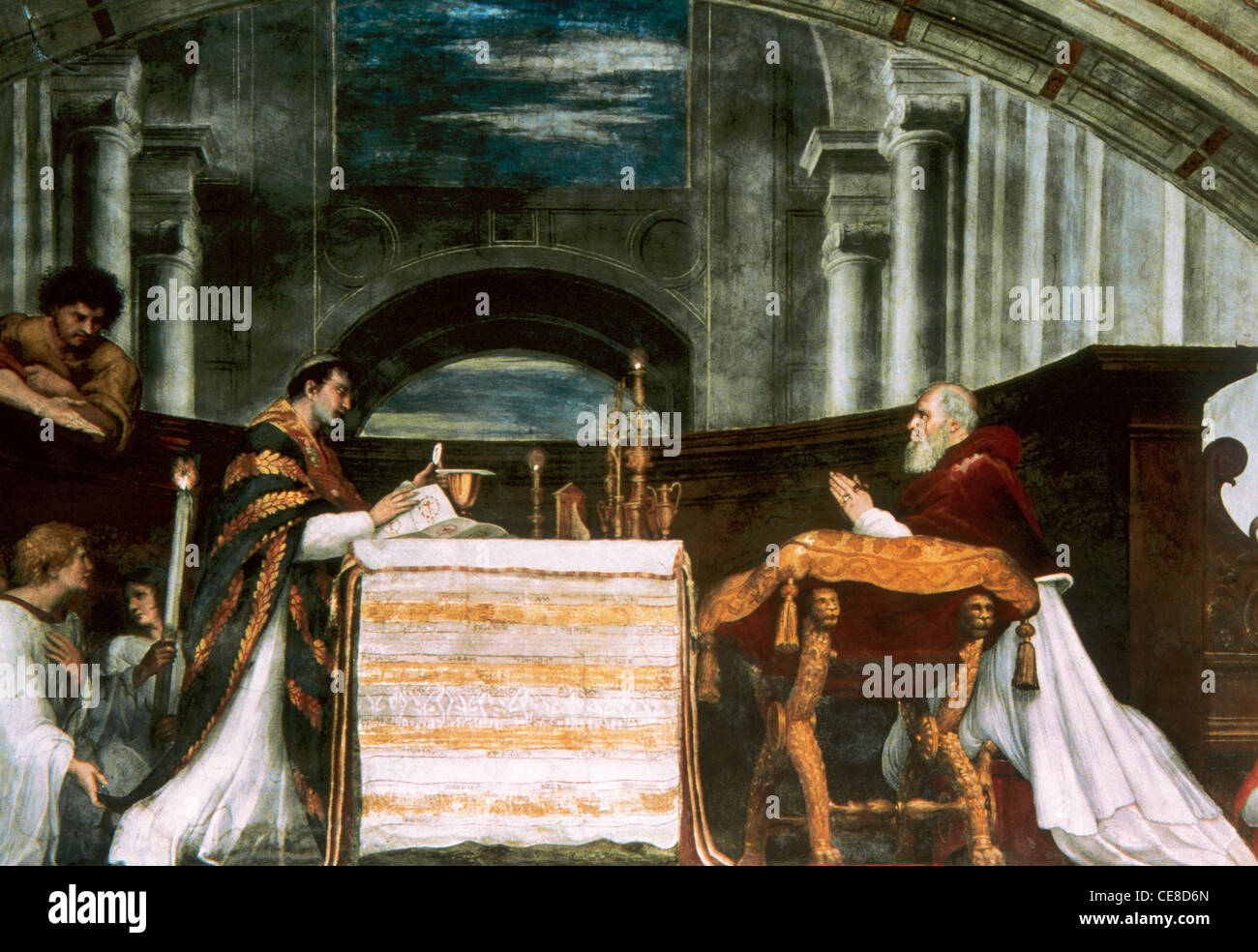 Raphael (1483-1520). The Mass at Bolsena, 1512. Fresco. Raphael's Rooms. Room of Heliodorus. Vatican City. Stock Photo