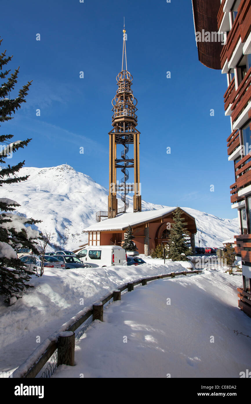 Modernistic church tower at Les Menuires ski resort,  Three Valleys, Savoie, France Stock Photo