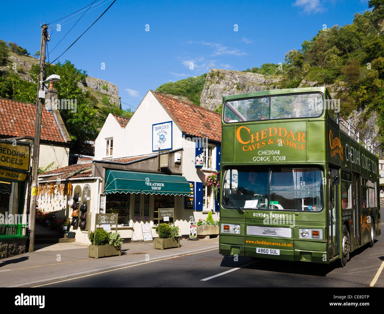An open top bus conducting a tour of Cheddar Gorge, Somerset, England. Stock Photo