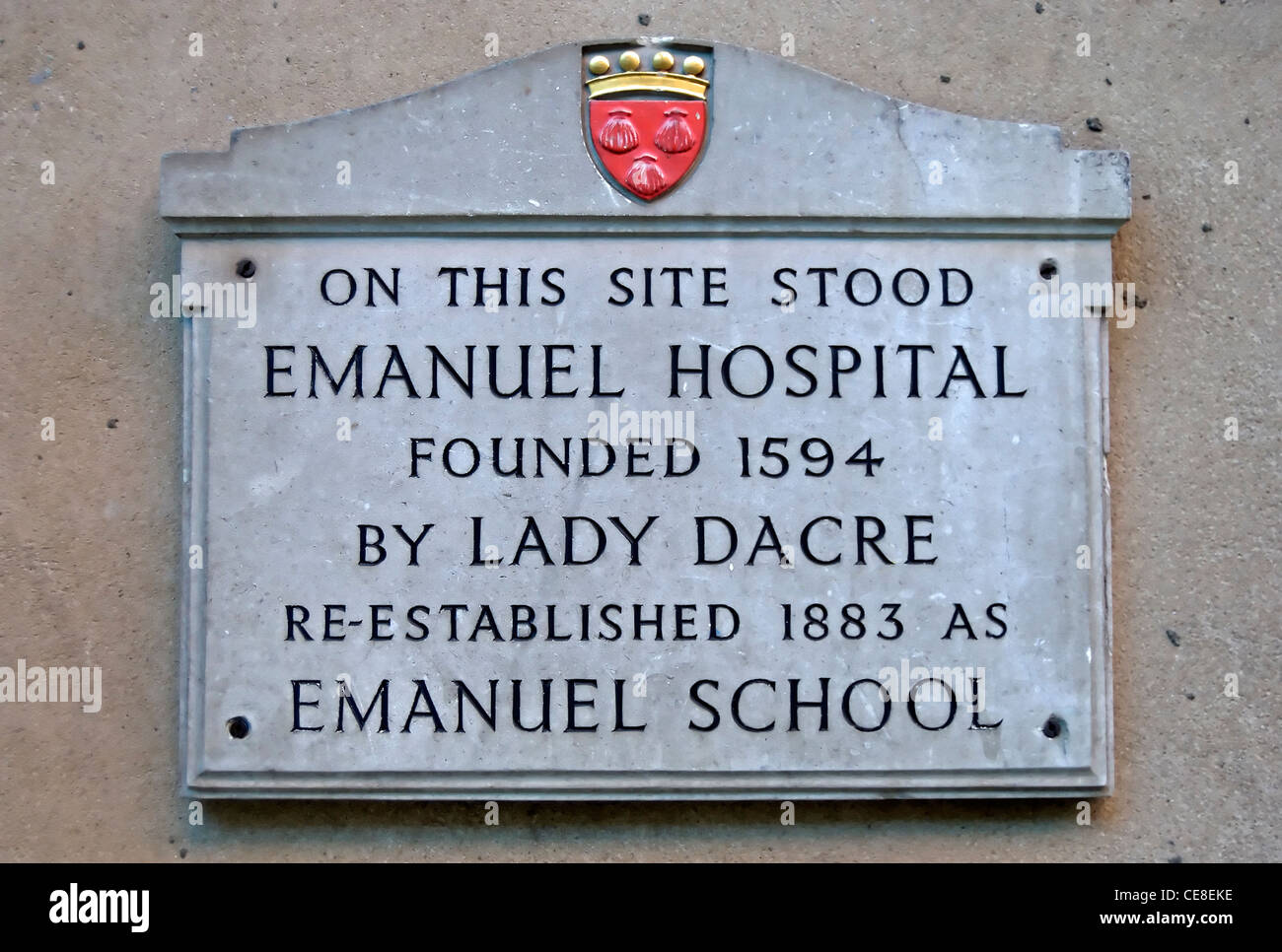plaque marking the site of the 1594 emanuel hospital, later emanuel school, buckingham gate, london, england Stock Photo