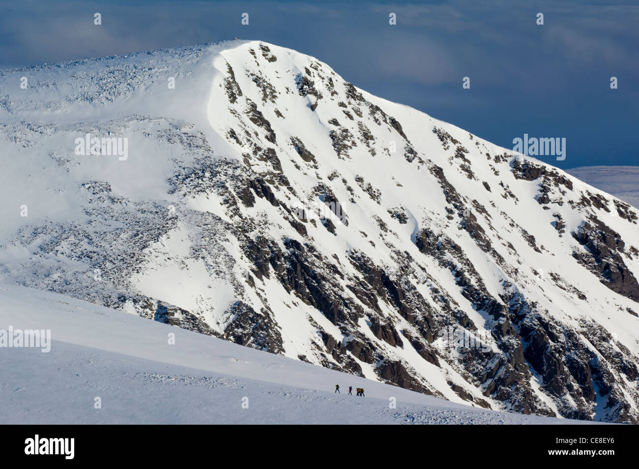 Group of hillwalkers crossing the Cairngorm plateau, beneath Stob Coire Etchachan (1082 metres). Stock Photo