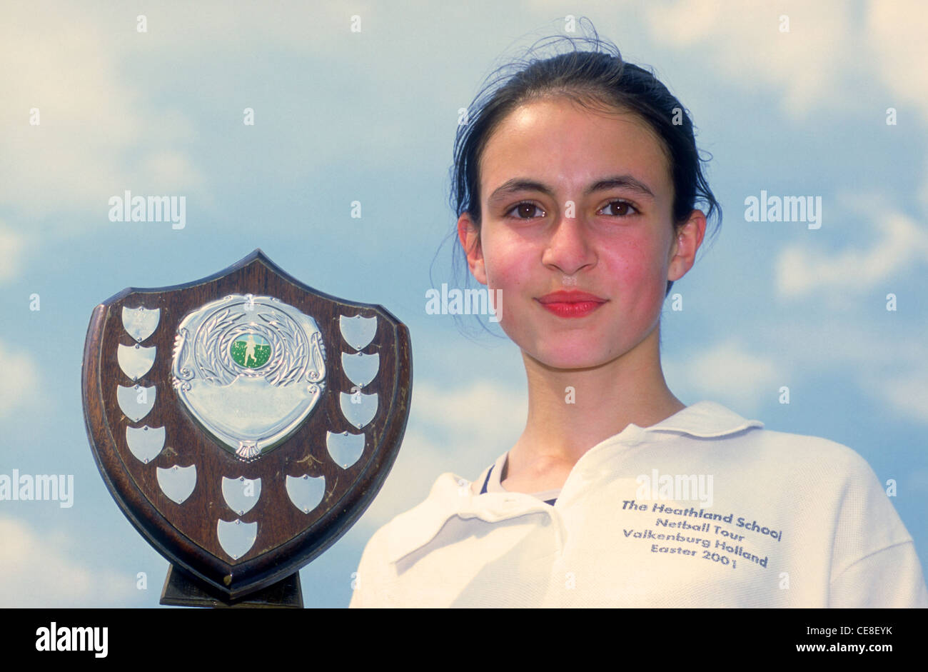 School on sports day with her winning shield, Heathland School