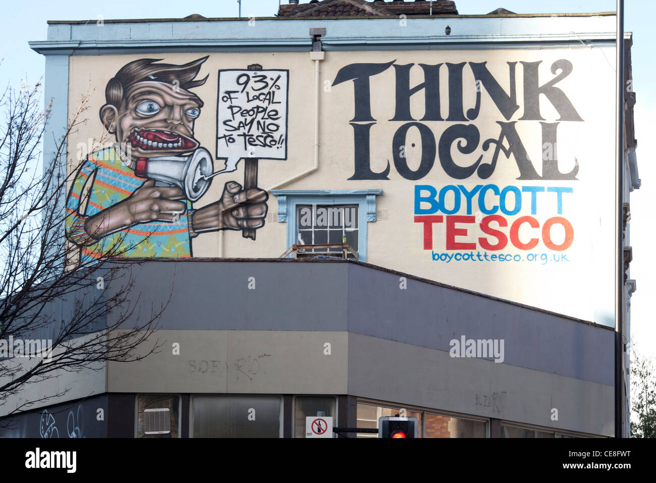 Anti tesco graffiti, Stokes Croft, Bristol Stock Photo