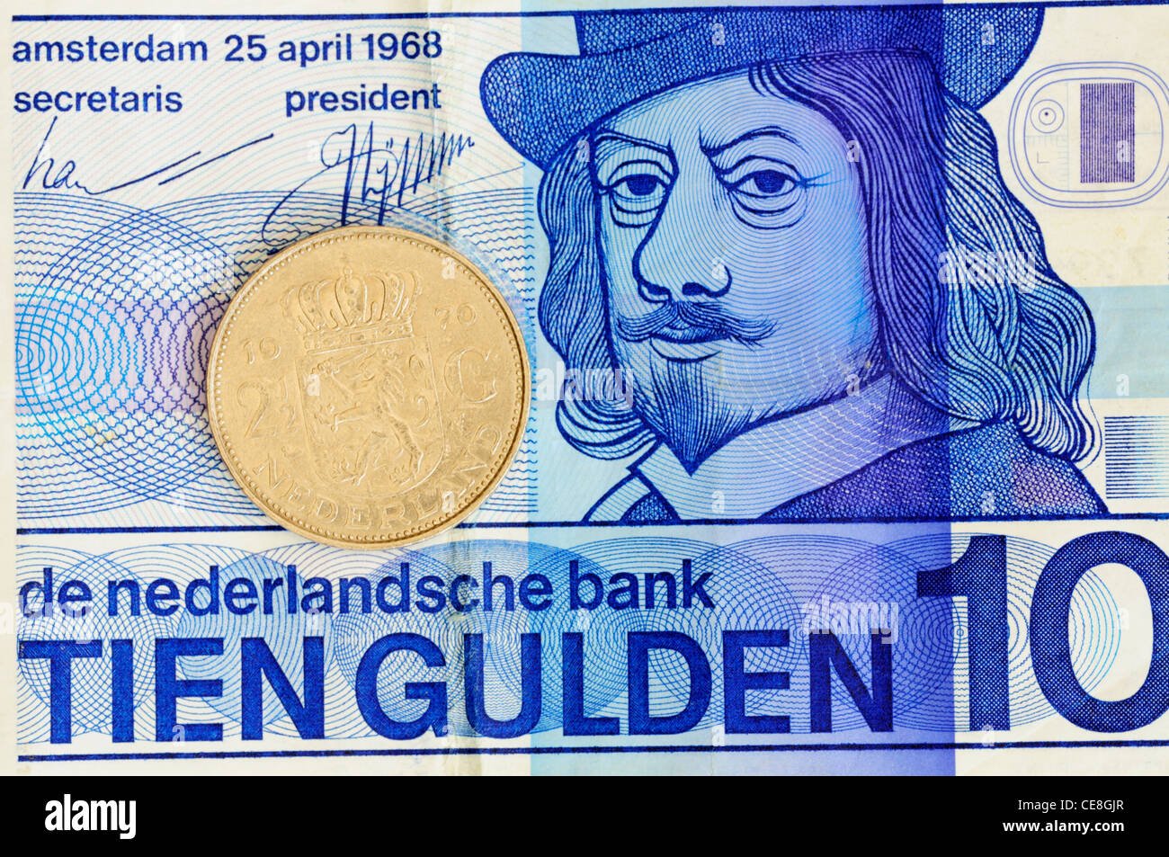 Dutch 10 Guilders Banknote and 2 12 Guilders Coin Stock Photo