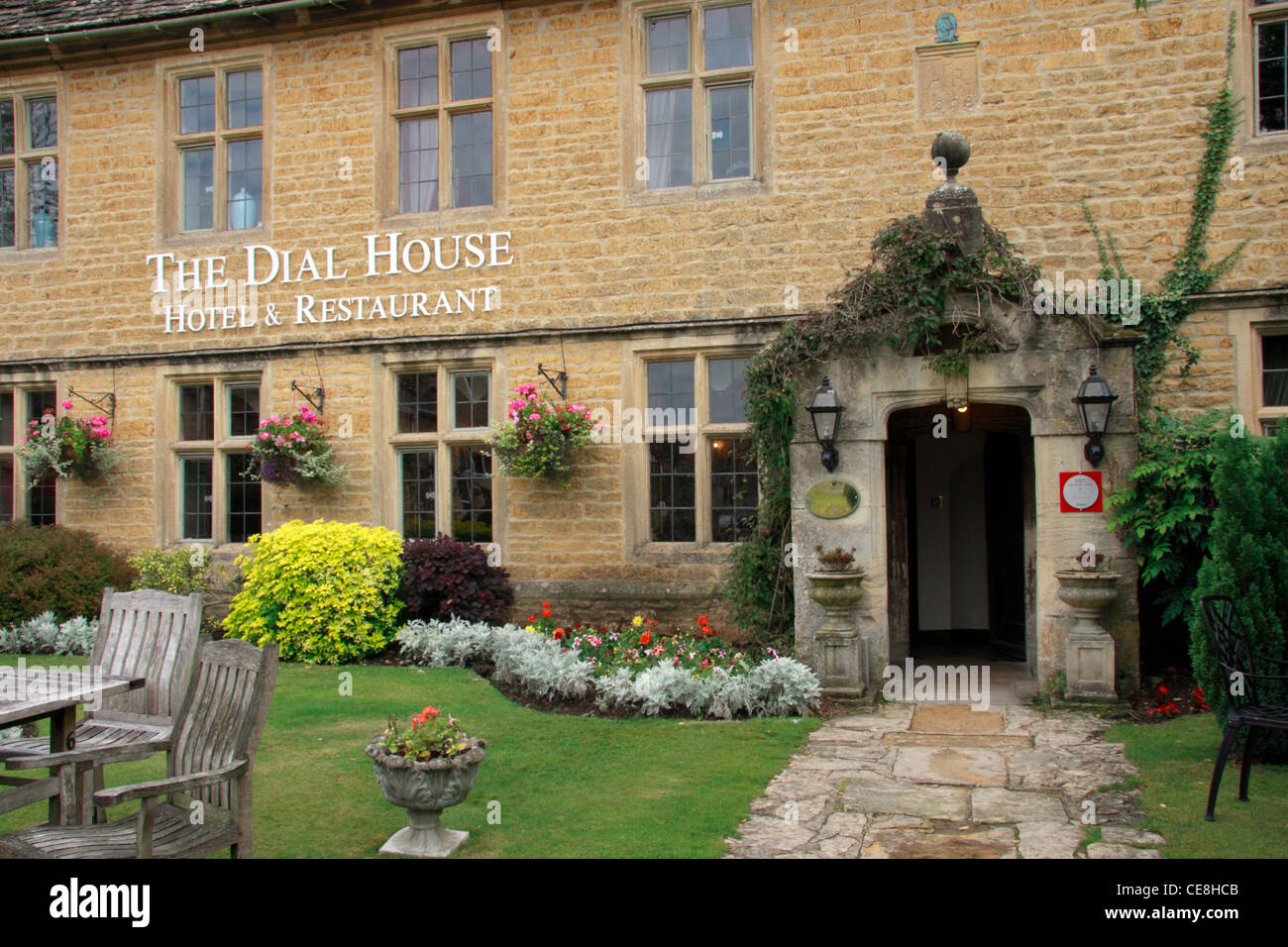 The Dial House Hotel and Restaurant, High Street, Bourton on the Water, in the Cotswolds. Stock Photo