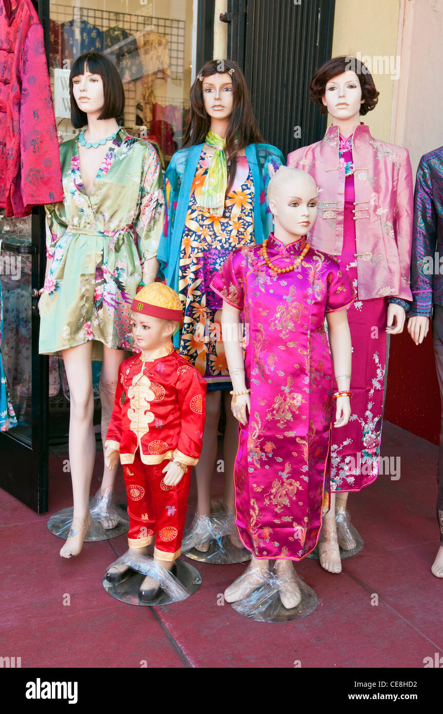 Store in Los Angeles Chinatown selling various traditional Chinese clothing and fashions. Stock Photo