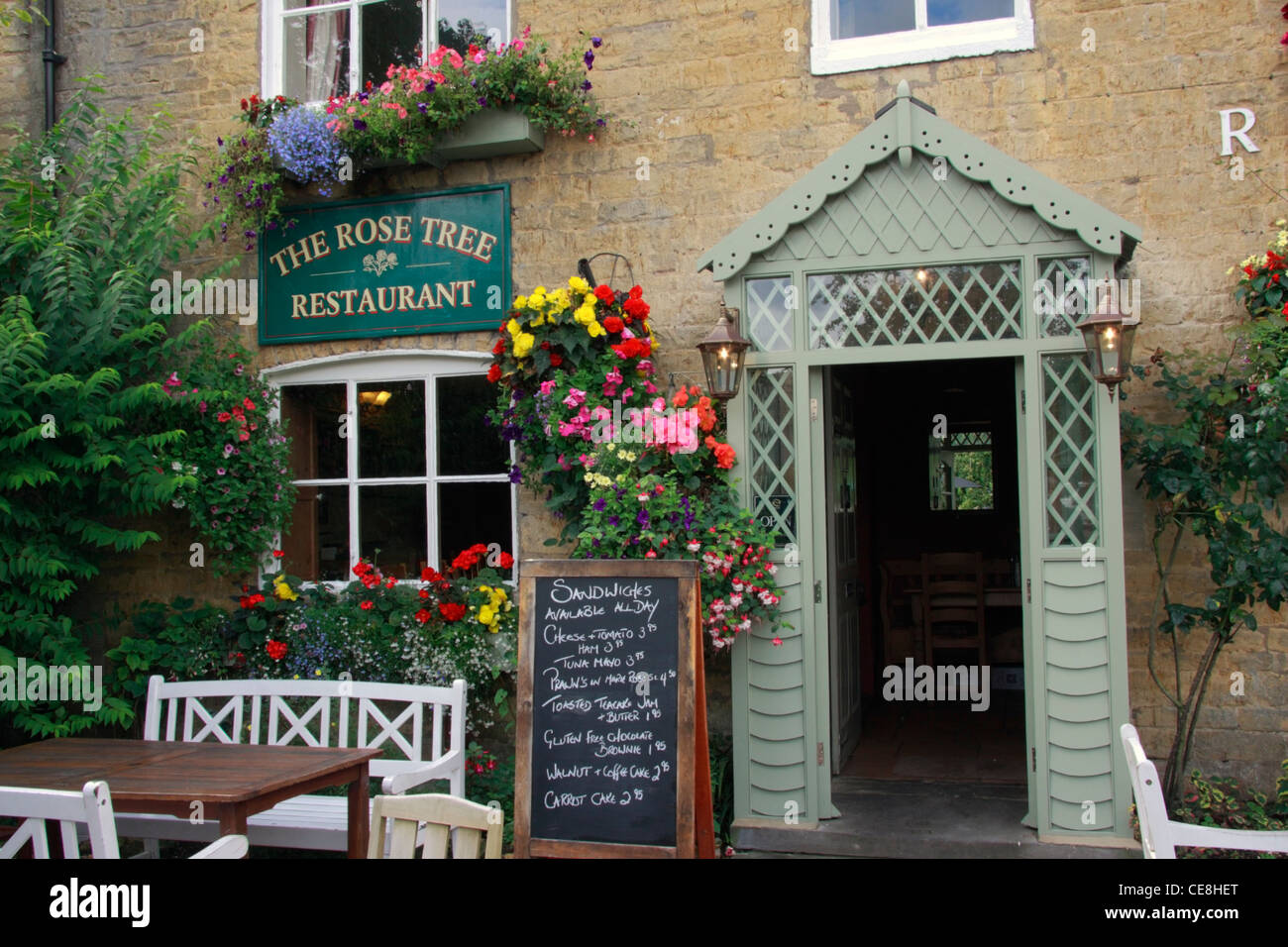 The Rose Tree Restaurant in Bourton on the Water, the Cotswolds. Stock Photo