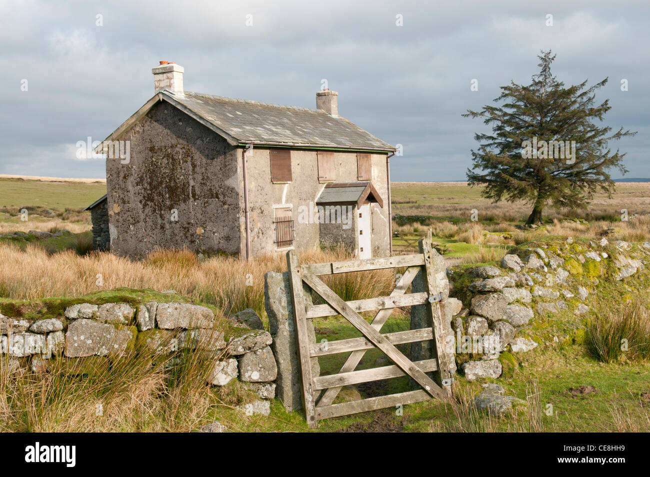 Isolated farmhouse of Nun's Cross Farm on Dartmoor, Devon UK Stock