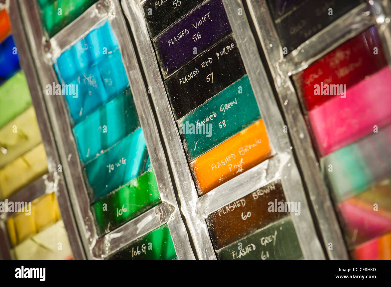 Stained glass samples for Hartley Wood, a historical glass making company based in Sunderland England. Stock Photo