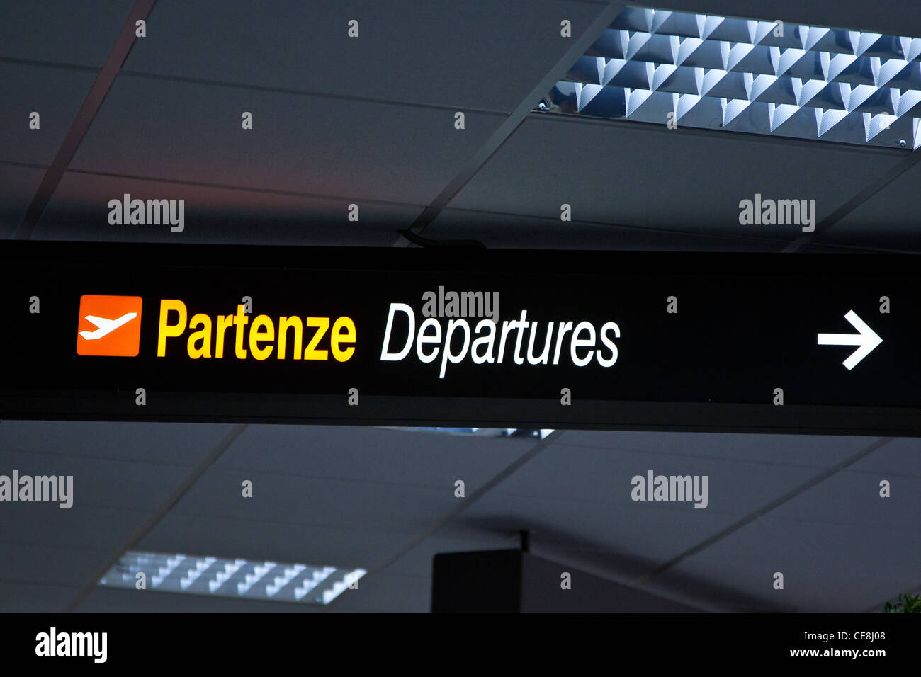 departures written sign at the airport Stock Photo